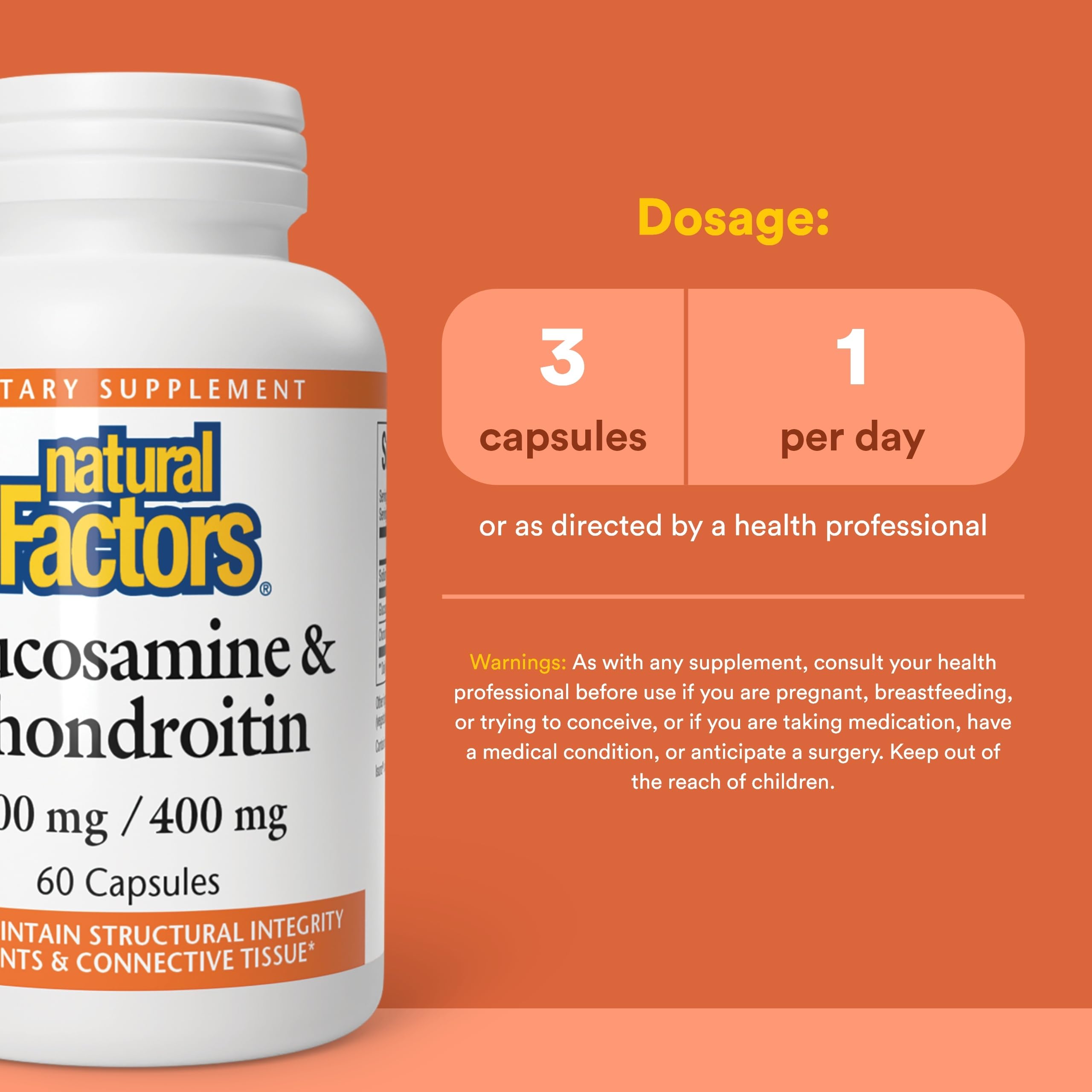 Natural Factors Glucosamine-Chondroitin etiquette, informations claires sur la composition et l'usage.