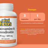 Natural Factors Glucosamine-Chondroitin etiquette, informations claires sur la composition et l'usage.