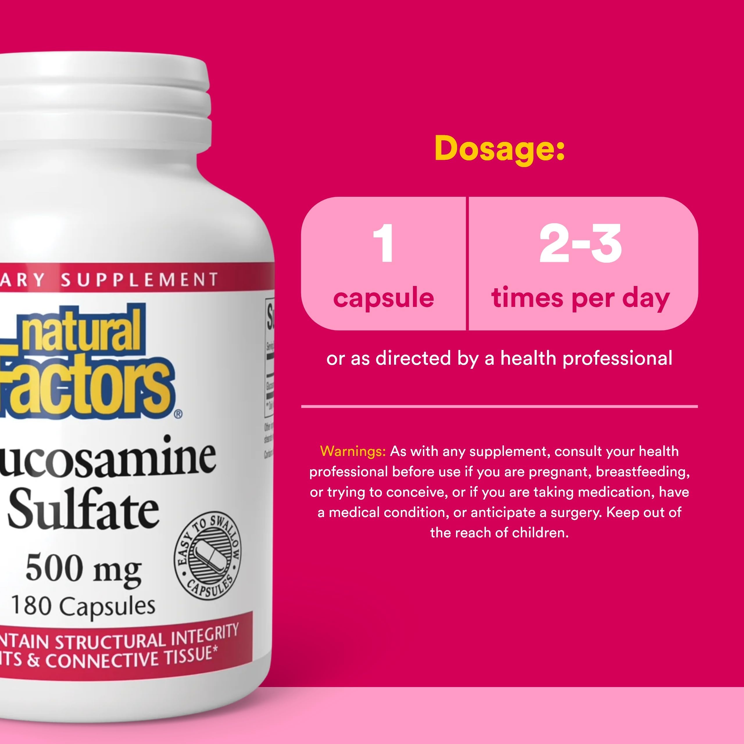 Étiquette Natural Factors Glucosamine Sulfate montrant les informations produit et les précautions.