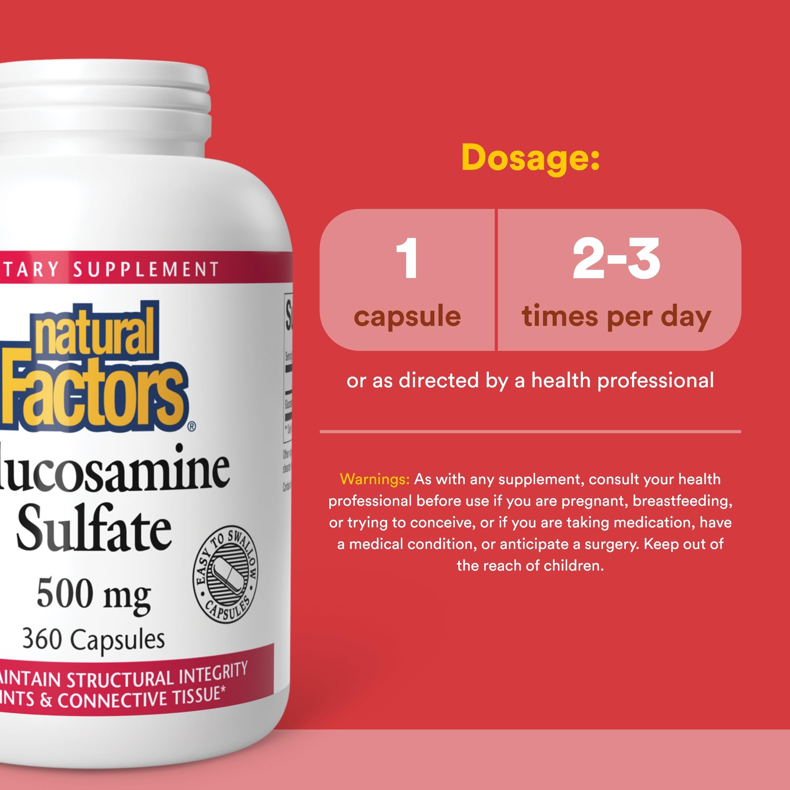 Natural Factors Glucosamine Sulfate – etiquette produit, informations claires sur l'origine et l'utilisation.