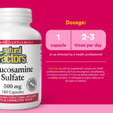 Étiquette Natural Factors Glucosamine Sulfate montrant les informations produit et les précautions.