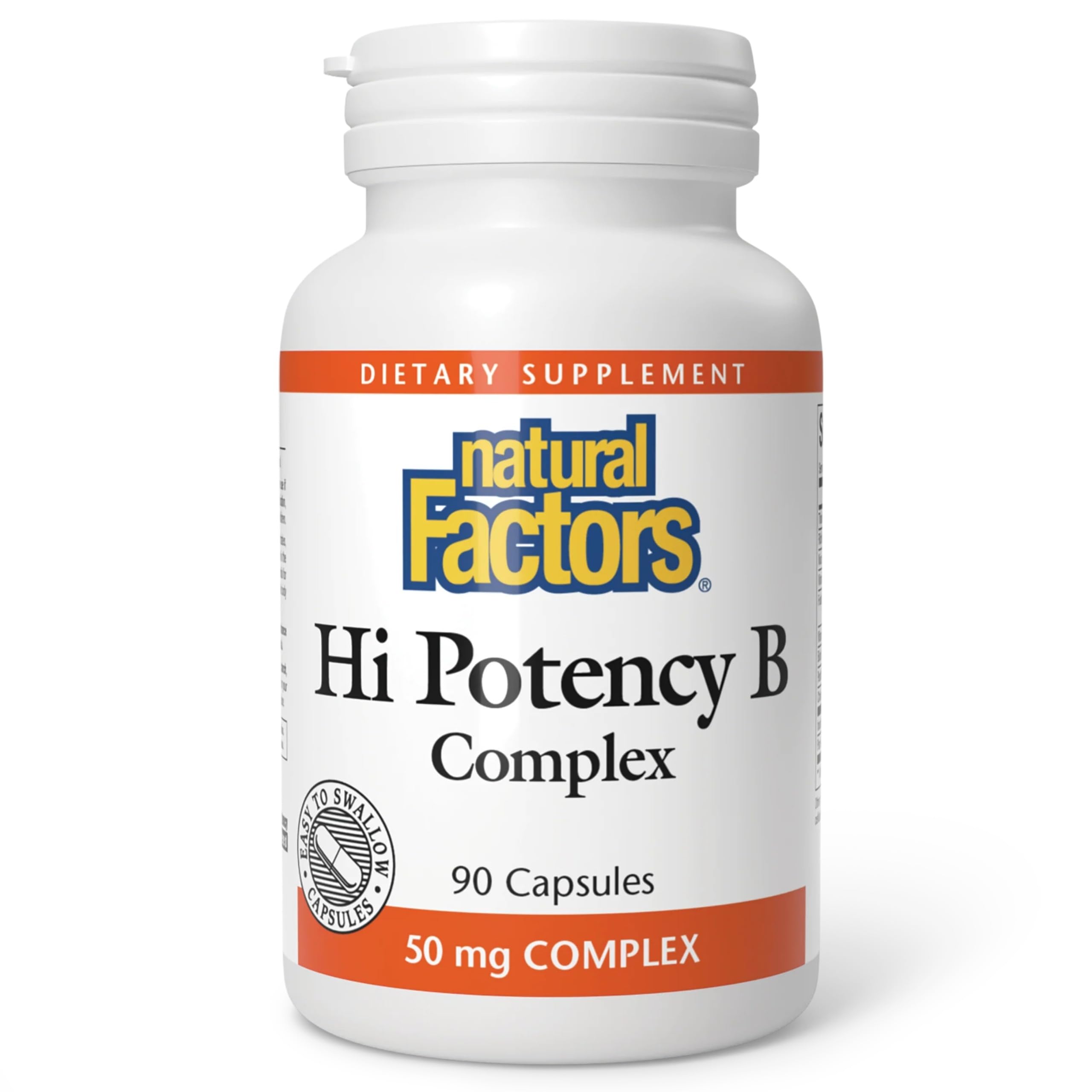 Natural Factors Hi Potency B Complex – bouteille close-up, soutien potentiel d'énergie.