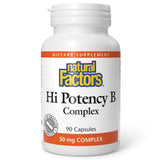Natural Factors Hi Potency B Complex – bouteille close-up, soutien potentiel d'énergie.