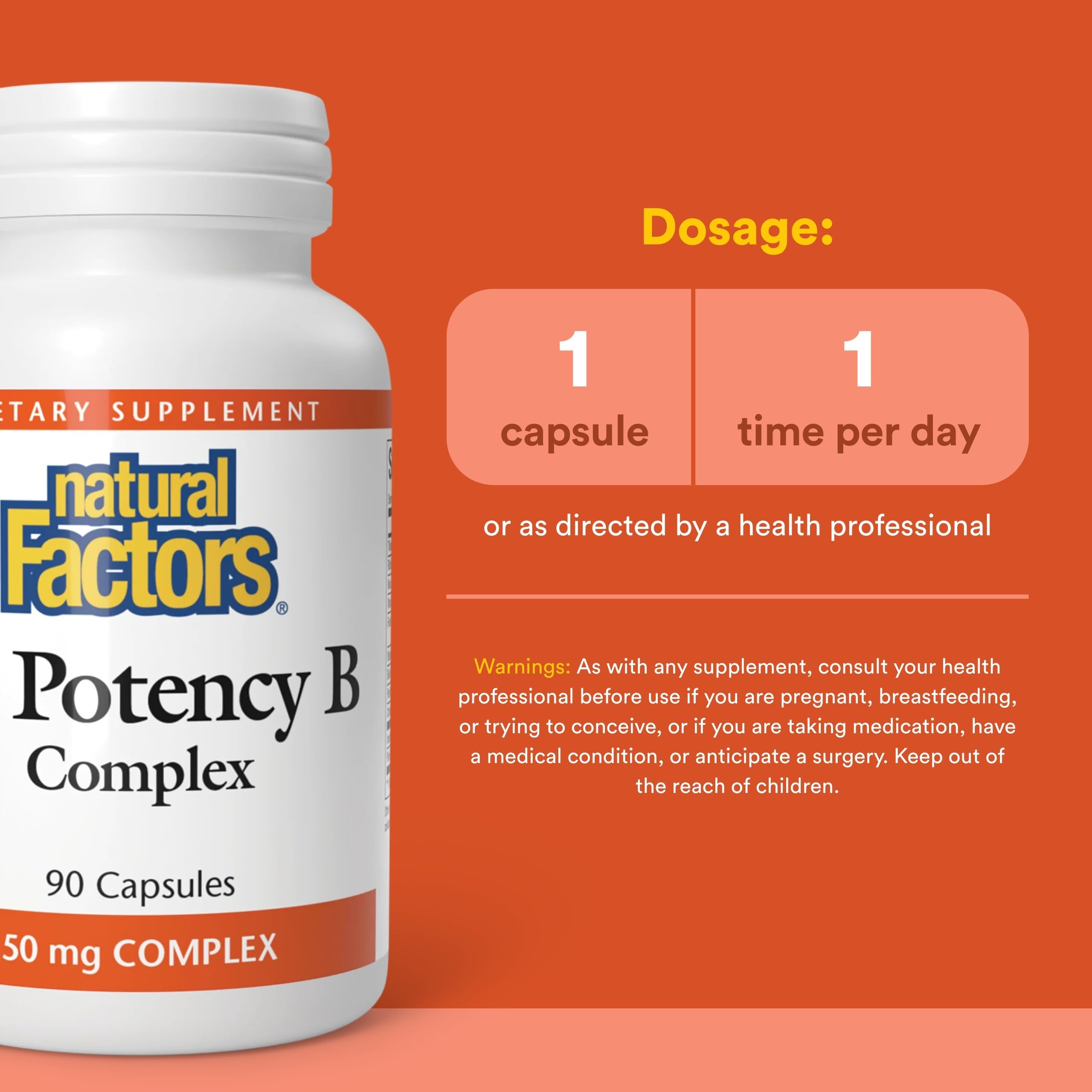 Natural Factors Hi Potency B Complex – ingrédients listés, facilité d'identification.