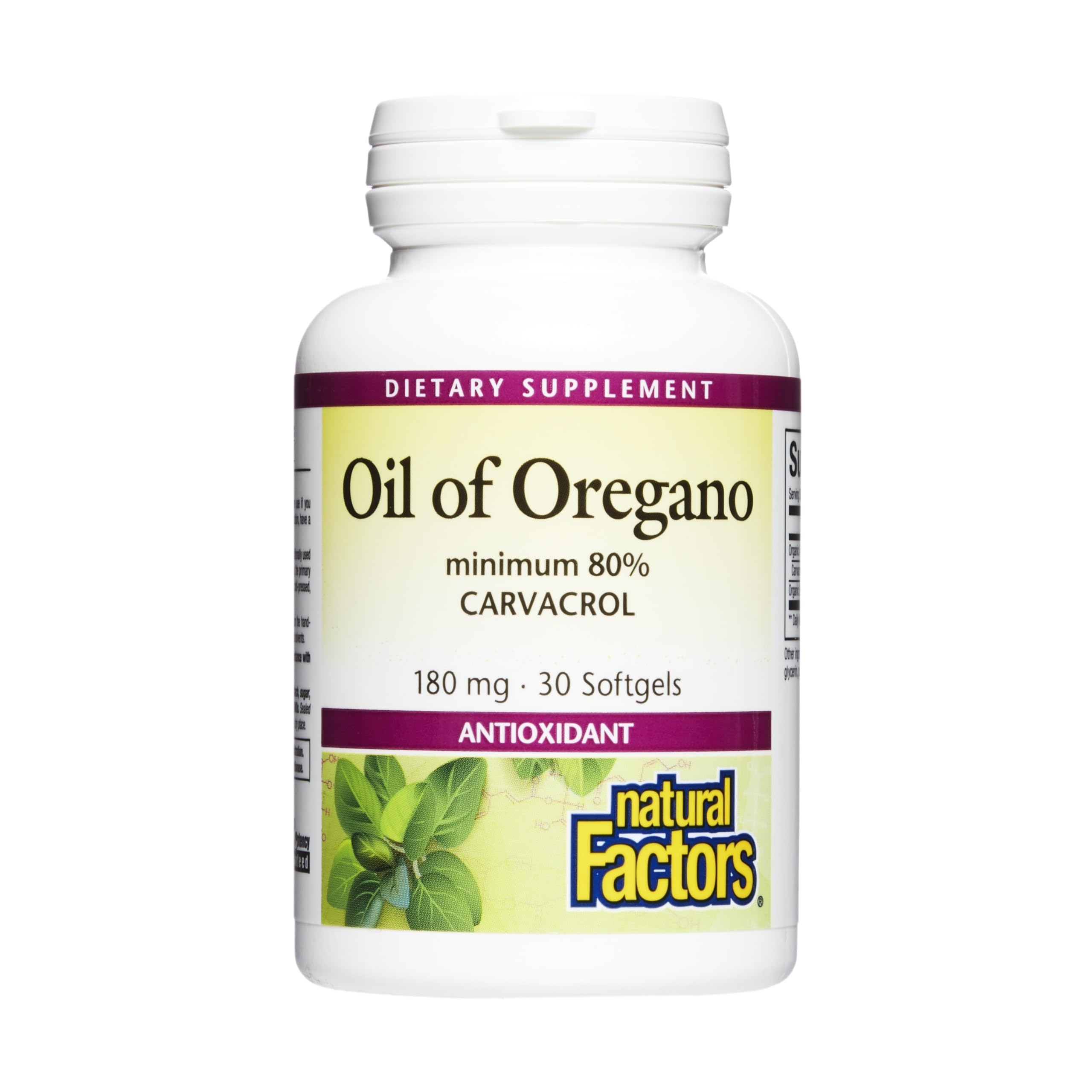 Natural Factors huile d'origan en bouteille, soutien potentiel à la vitalité.