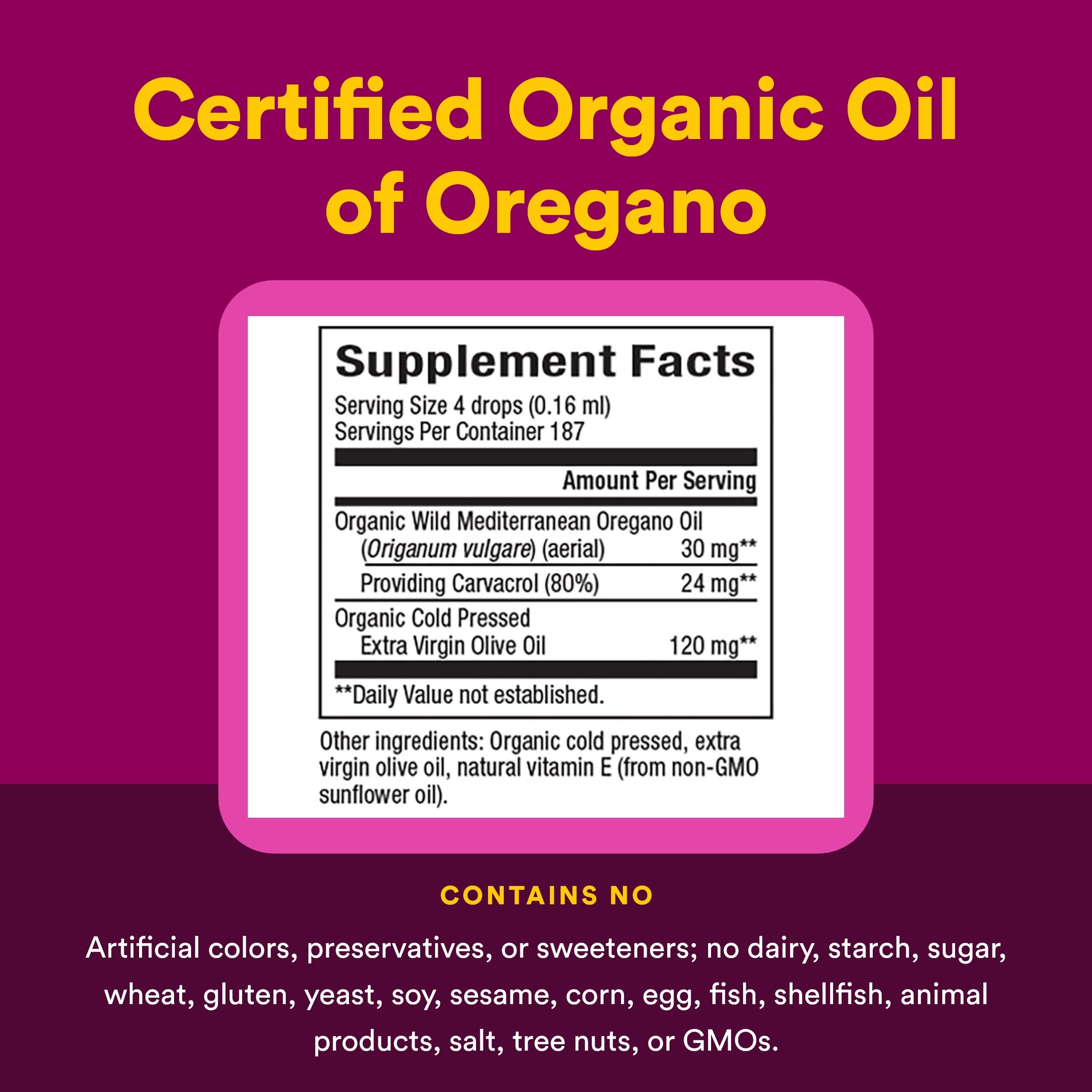 Natural Factors huile d'origan étiquette sans gluten et sans allergènes.