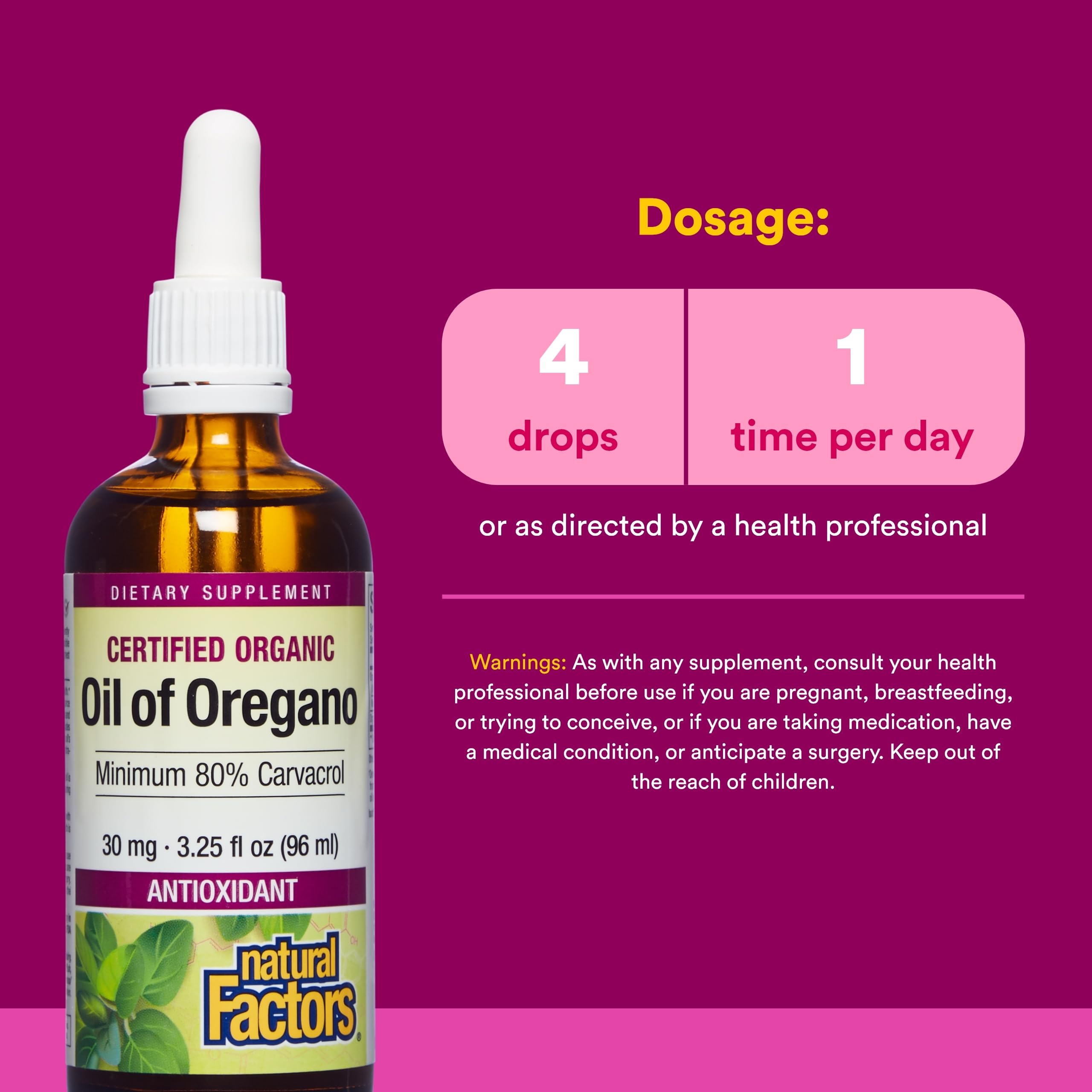 Natural Factors huile d'origan extrait d'origan pur pour un apport naturel.