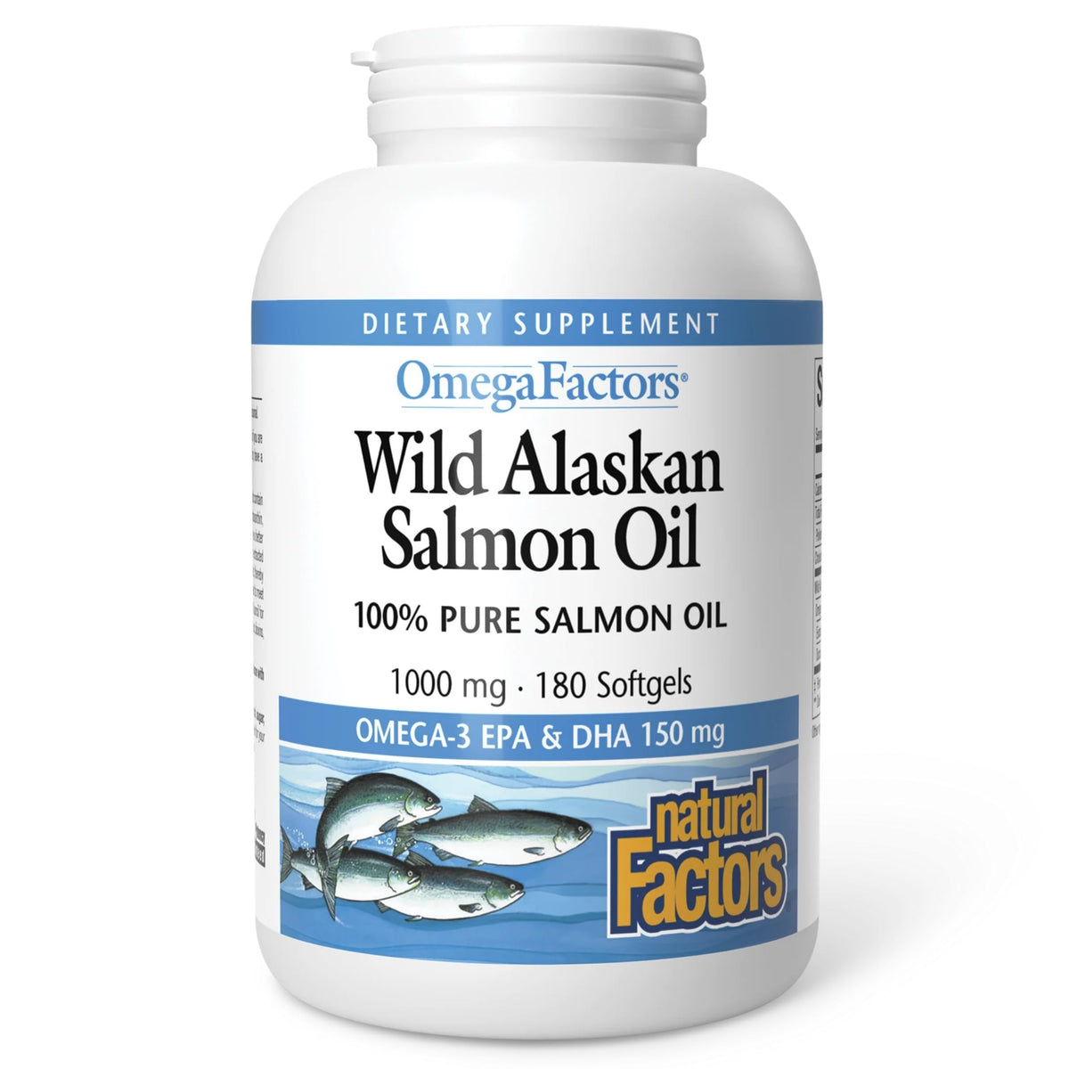 Natural Factors huile saumon alaskien — bouteille et étiquette claire, idéal pour l'apport oméga-3 quotidien.