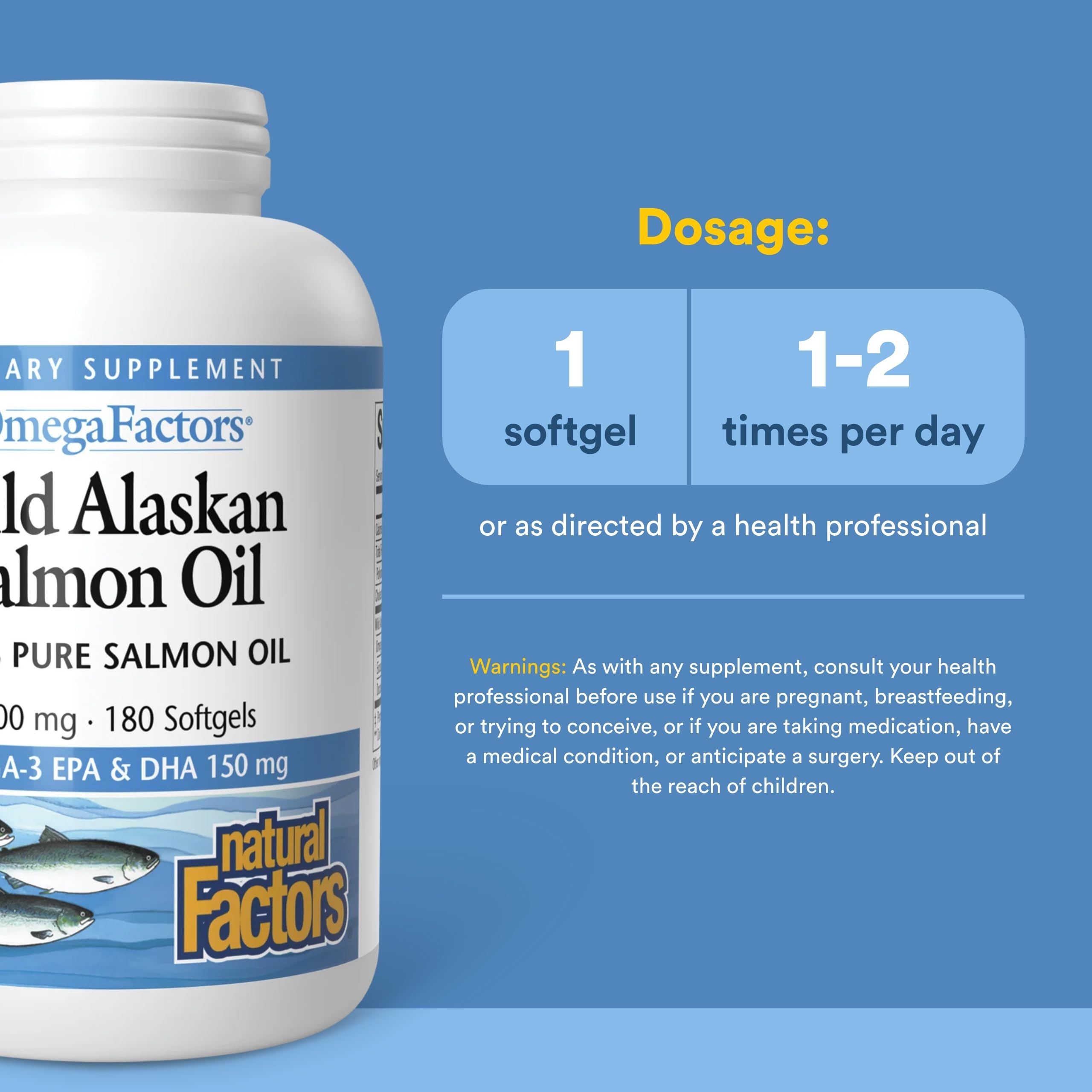 Natural Factors huile saumon alaskan — emballage soigné, évidence de traçabilité.