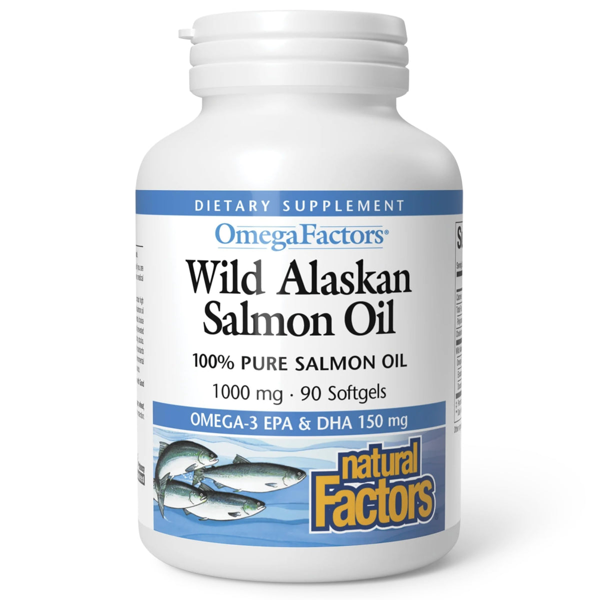 Natural Factors huile saumon sauvage Alaska — bouteille montrant une source d’oméga pour cœur et cerveau.