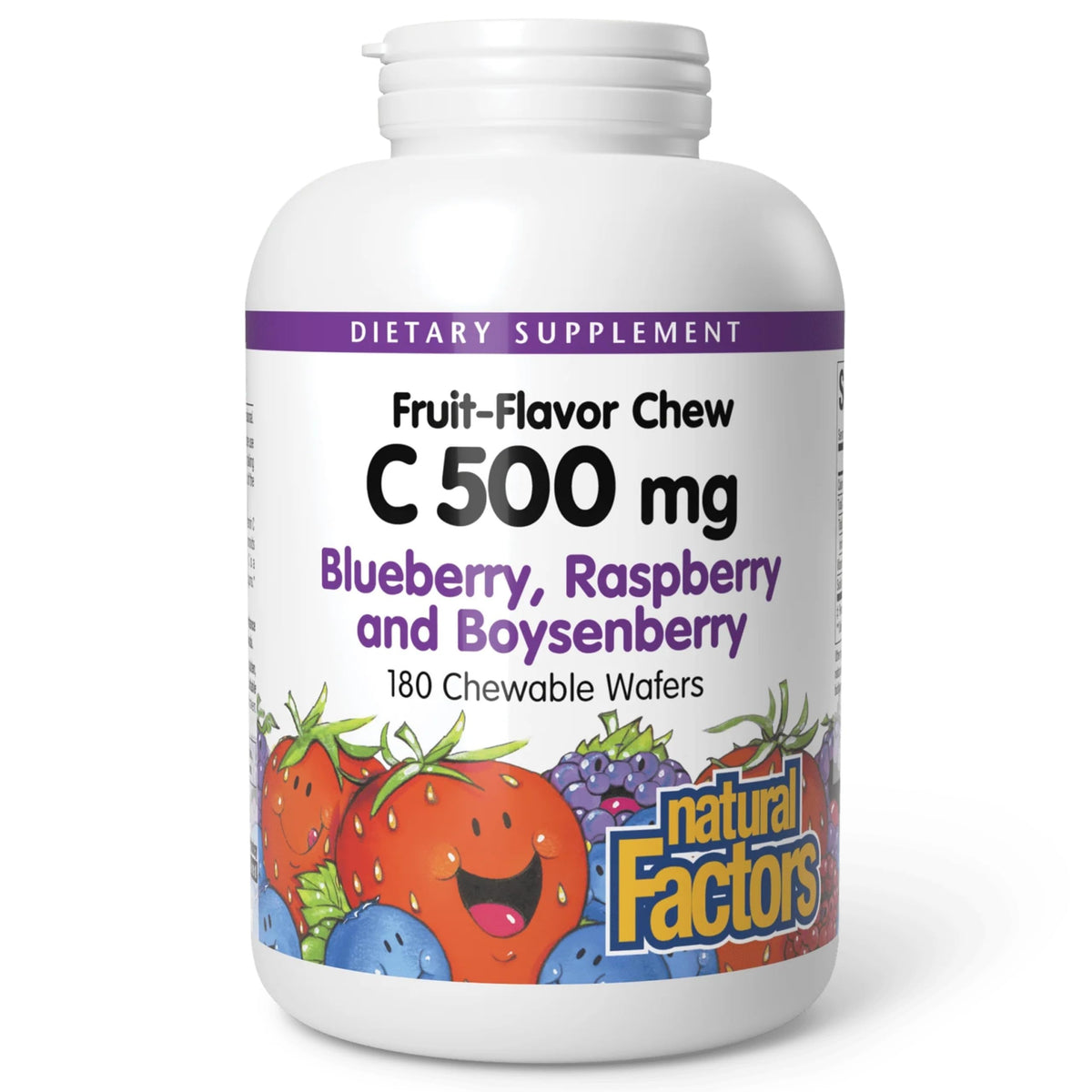 Natural Factors Kids Vitamin C 500 mg, saveur bleuets, soutien immunitaire potentiel pour enfants.