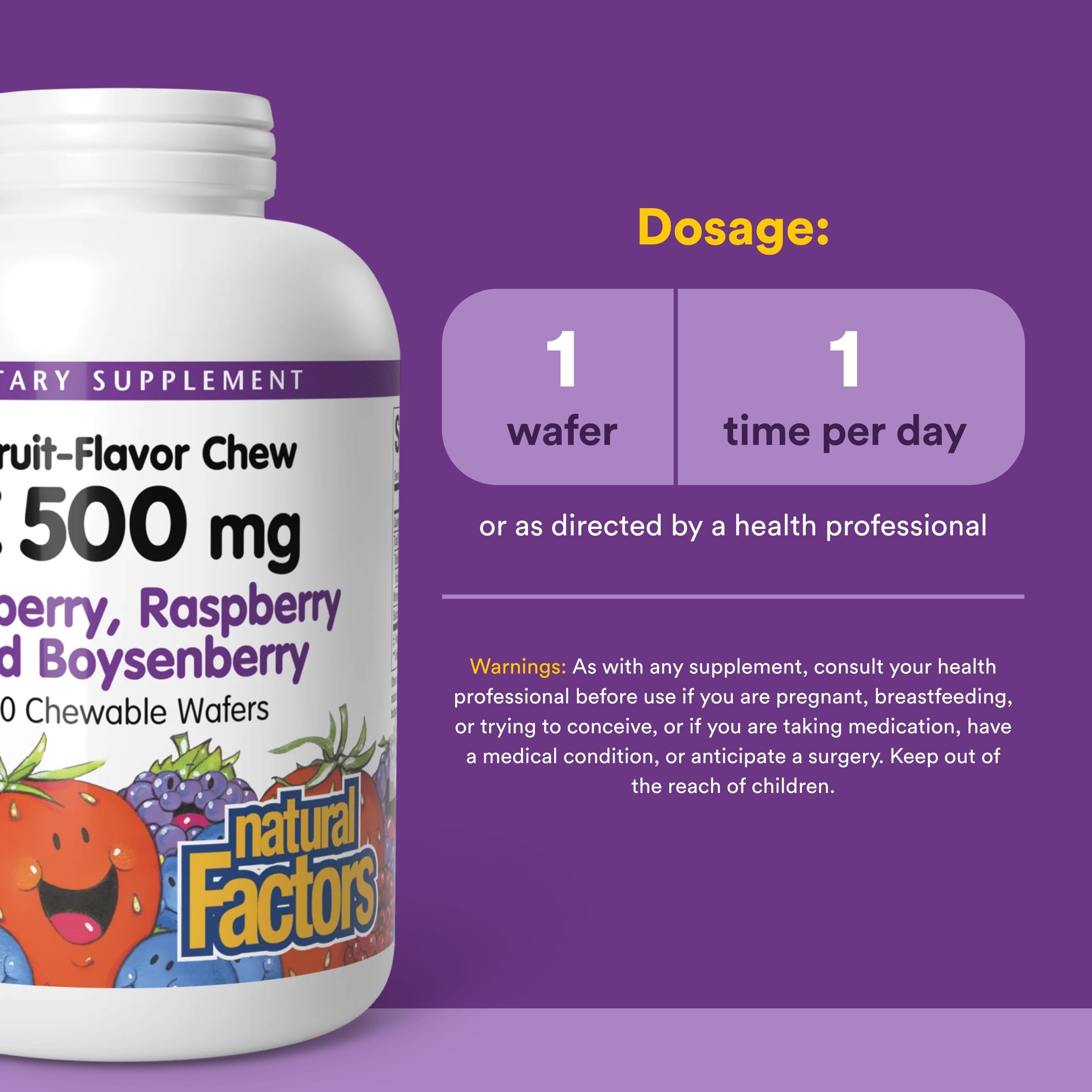 Natural Factors Kids Vitamin C 500 mg, saveur mûre Boysen, plaisir fruité au quotidien.