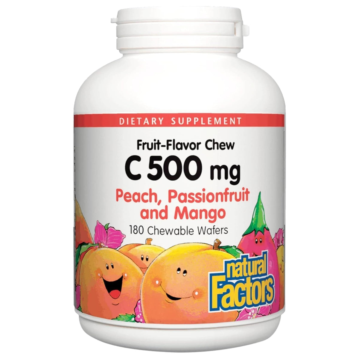 Natural Factors Kids Vitamine C 500 mg à mâcher goût pêche, soutien immunitaire potentiel.