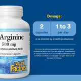 Natural Factors L-Arginine 500 mg – étiquette bio: produit de qualité pharmaceutique.
