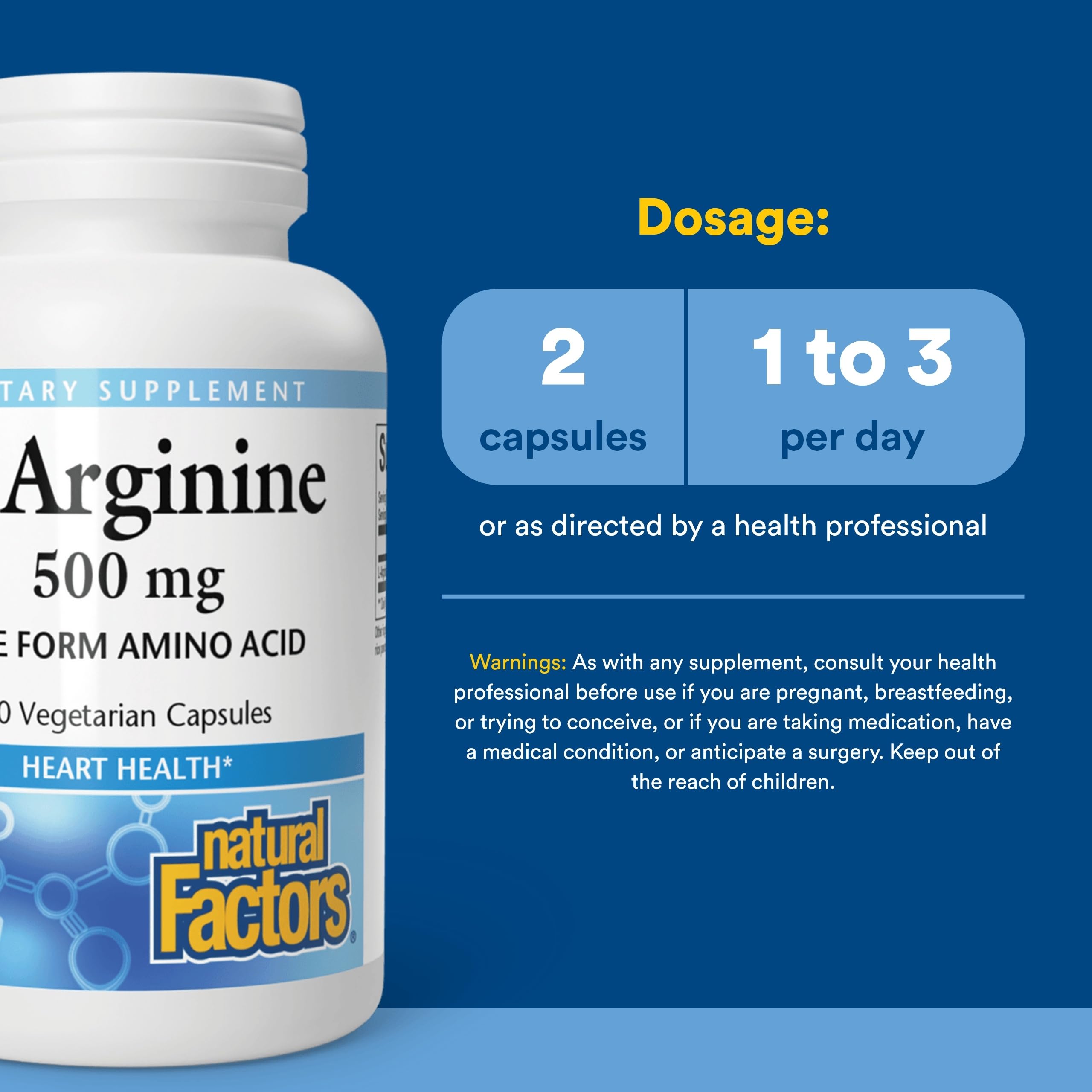 Natural Factors L-Arginine : capsules visibles dans une boîte prête à l’emploi.