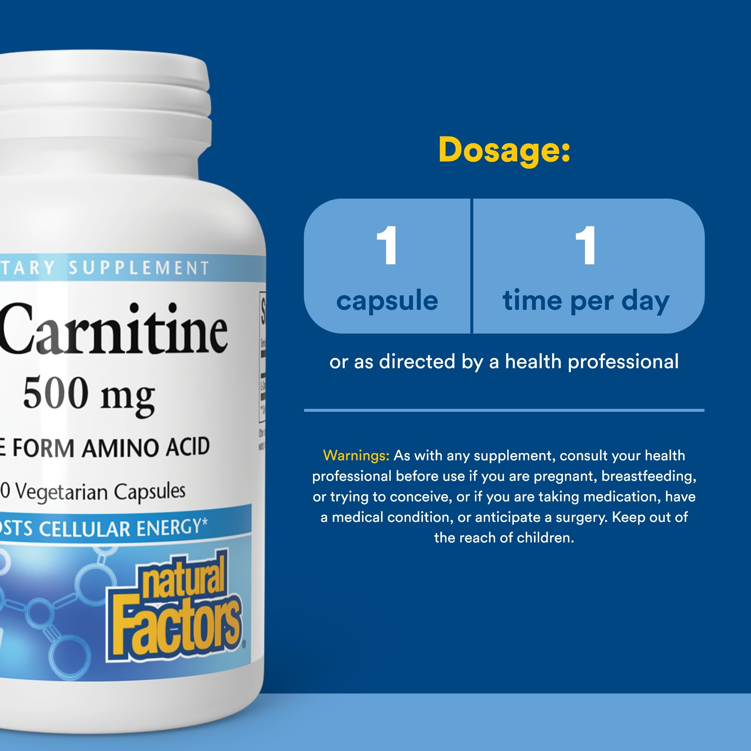 Natural Factors L-Carnitine: étiquette claire évoquant pureté et qualité pharmaceutique.