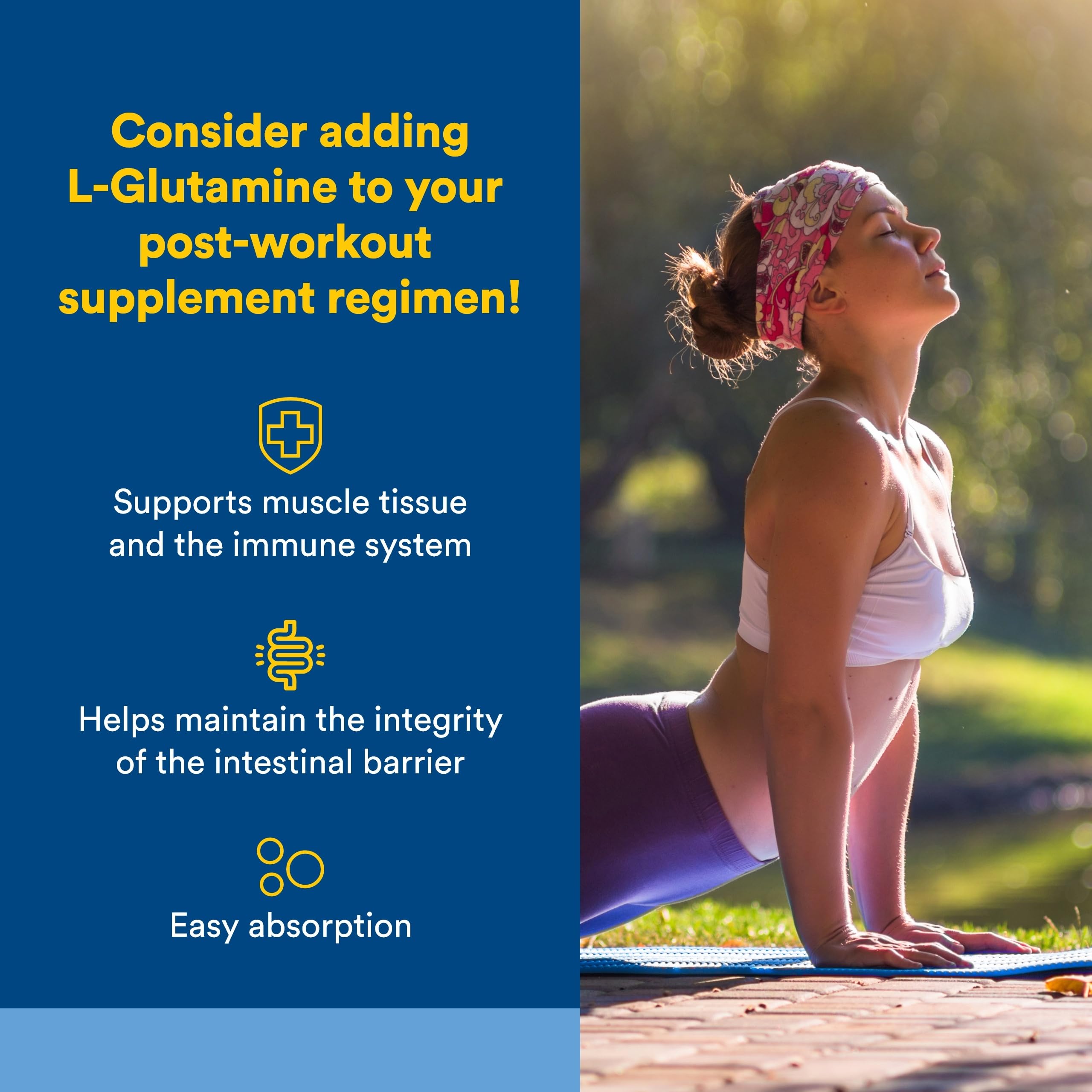 Natural Factors L-Glutamine micronisée 1000 mg — après effort, soutien potentiel à la récupération musculaire.