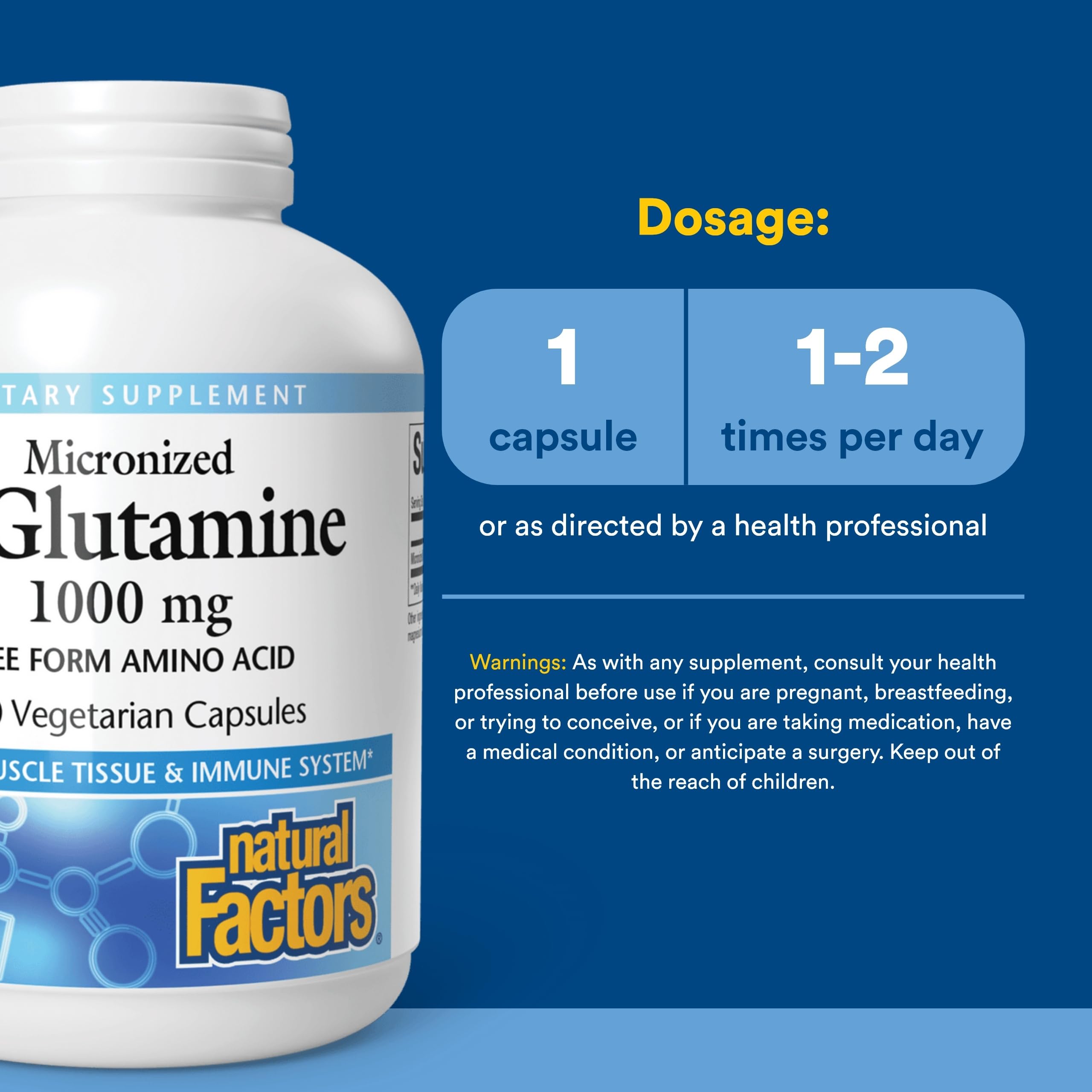 Natural Factors L-Glutamine micronisée 1000 mg — soutien potentiel à l'immunité et à la santé digestive.