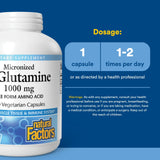 Natural Factors L-Glutamine micronisée 1000 mg — soutien potentiel à l'immunité et à la santé digestive.