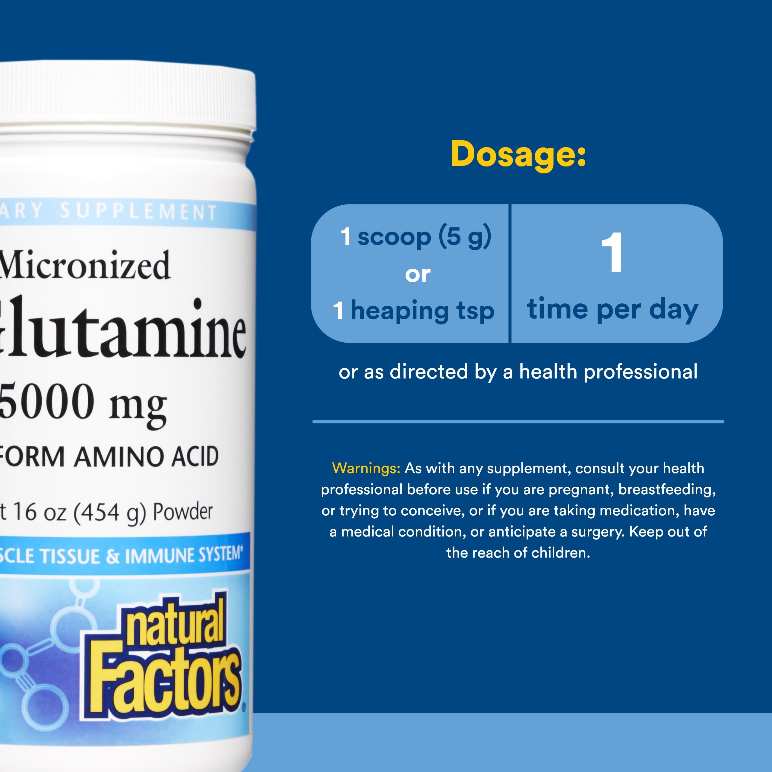 Natural Factors L-Glutamine: bouteille-16onces pratique après l’entraînement pour récupération potentielle.