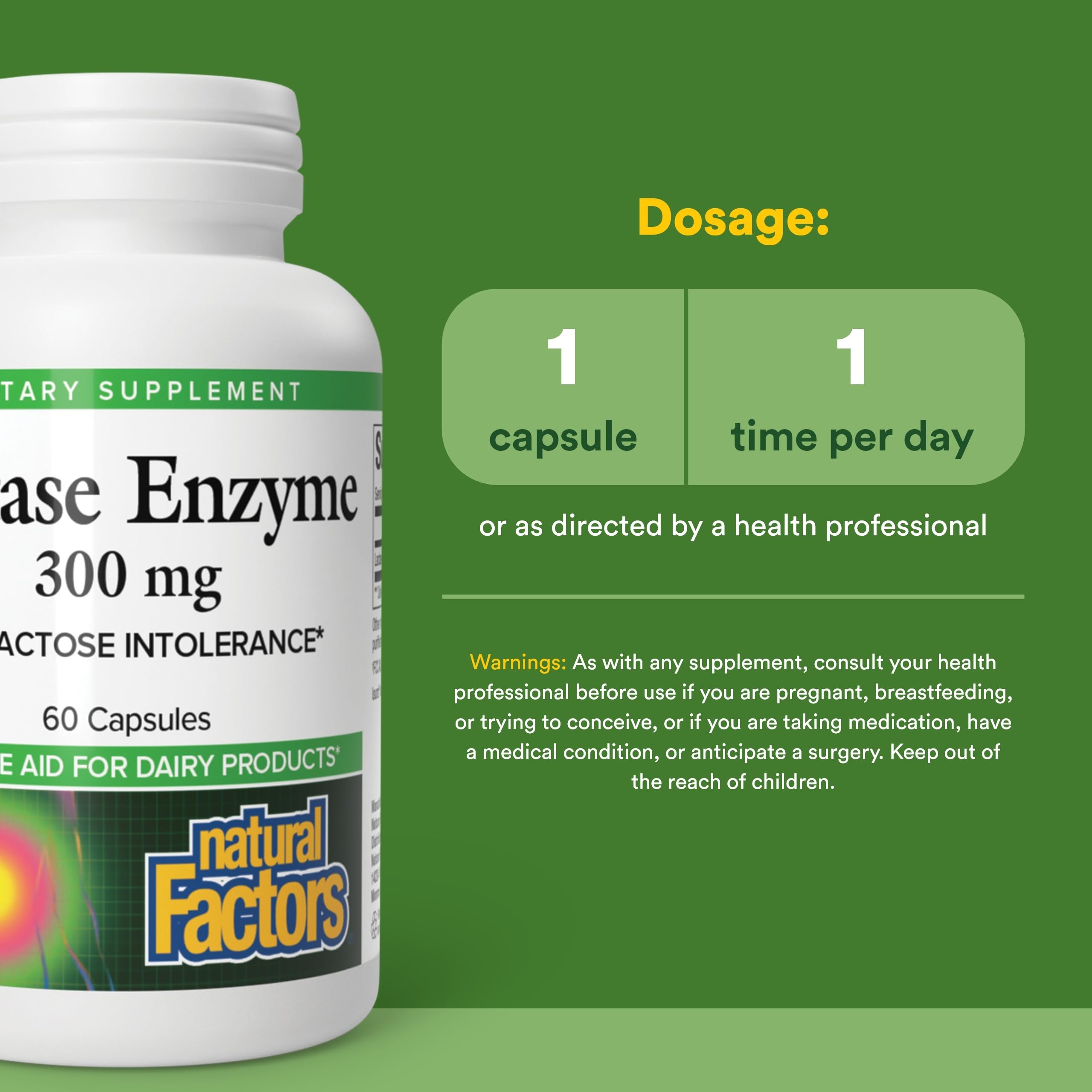 Natural Factors Lactase Enzyme, étiquette et emballage 60 gélules de qualité.