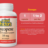 Natural Factors Lycopène 10 mg étiquette : informations claires sur le dosage et l’origine.