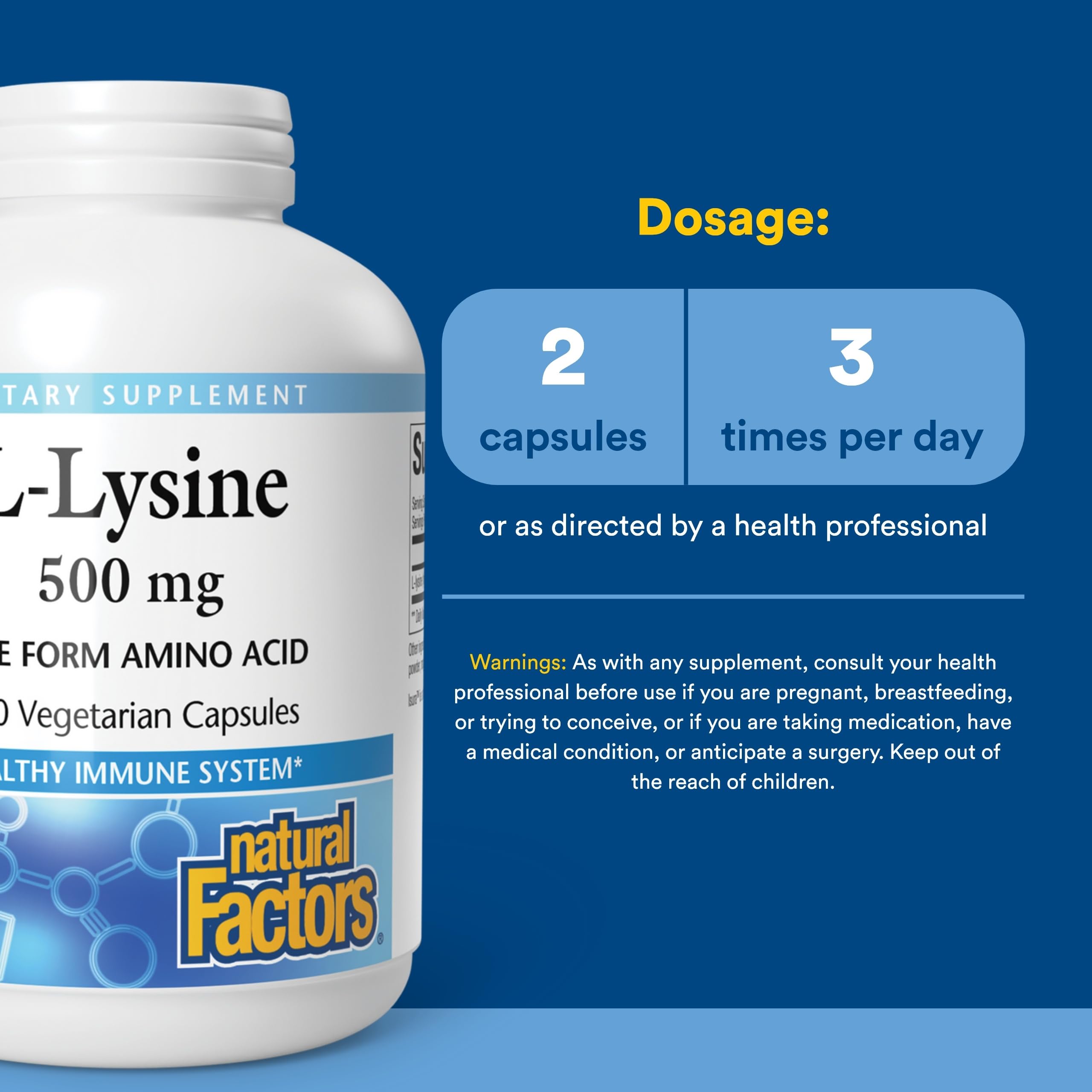Natural Factors L-Lysine, étiquette claire avec ingrédients et dosage lisibles.