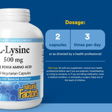 Natural Factors L-Lysine, étiquette claire avec ingrédients et dosage lisibles.