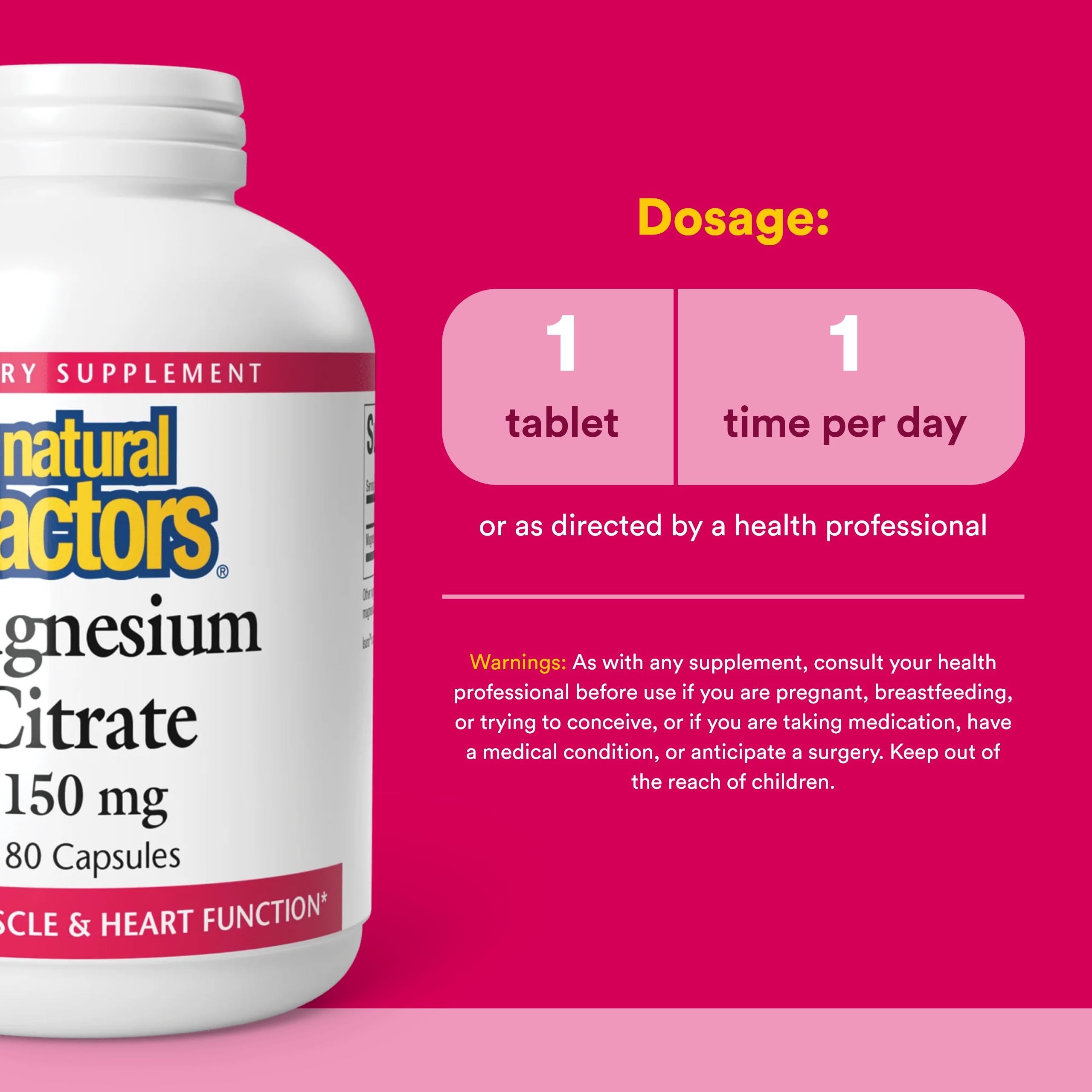 Natural Factors Magnésium Citrate 150 mg, emballage: sans lactose et sans gluten.
