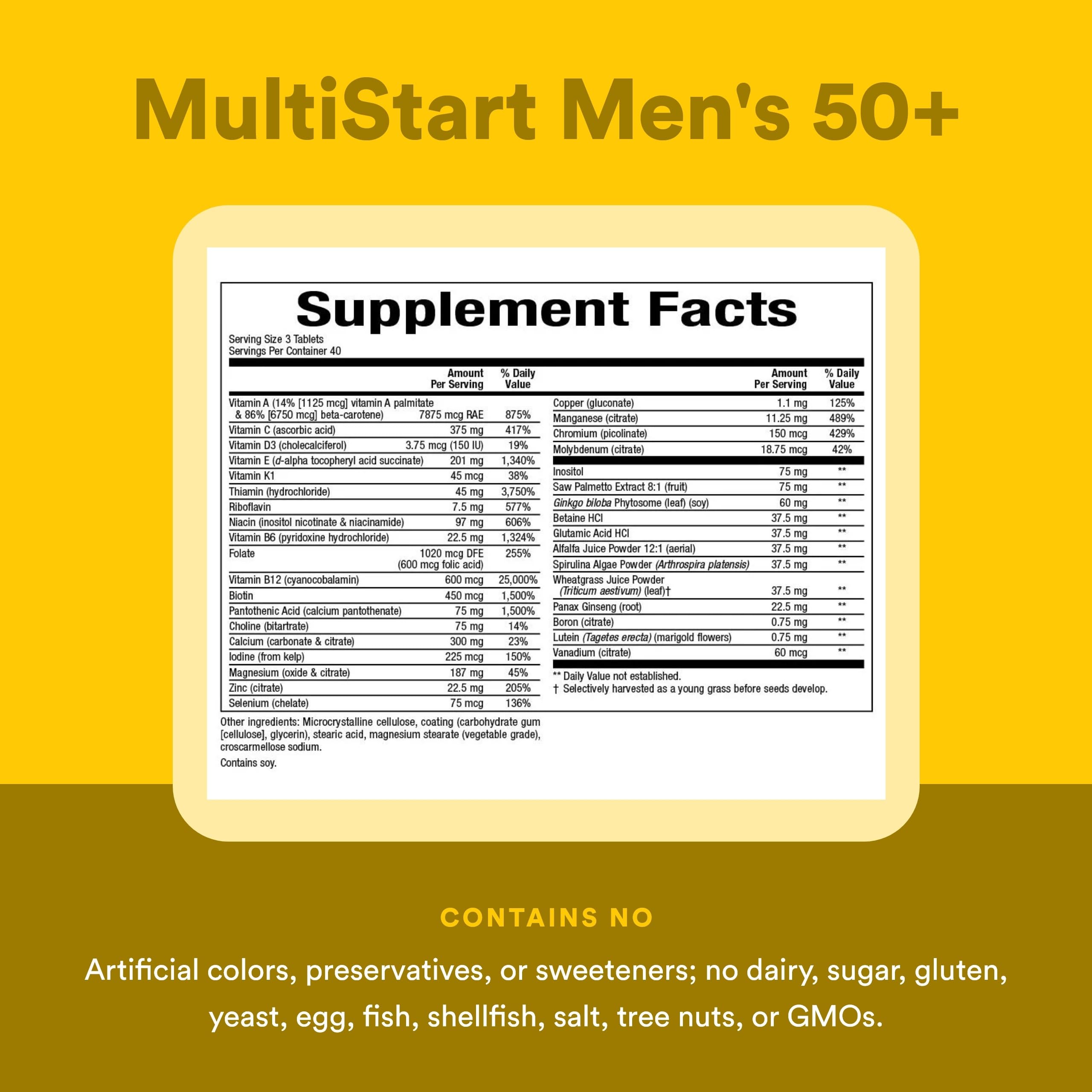 Natural Factors Men’s 50+ MultiStart: étiquetage avec composition et origine biologique certifiée