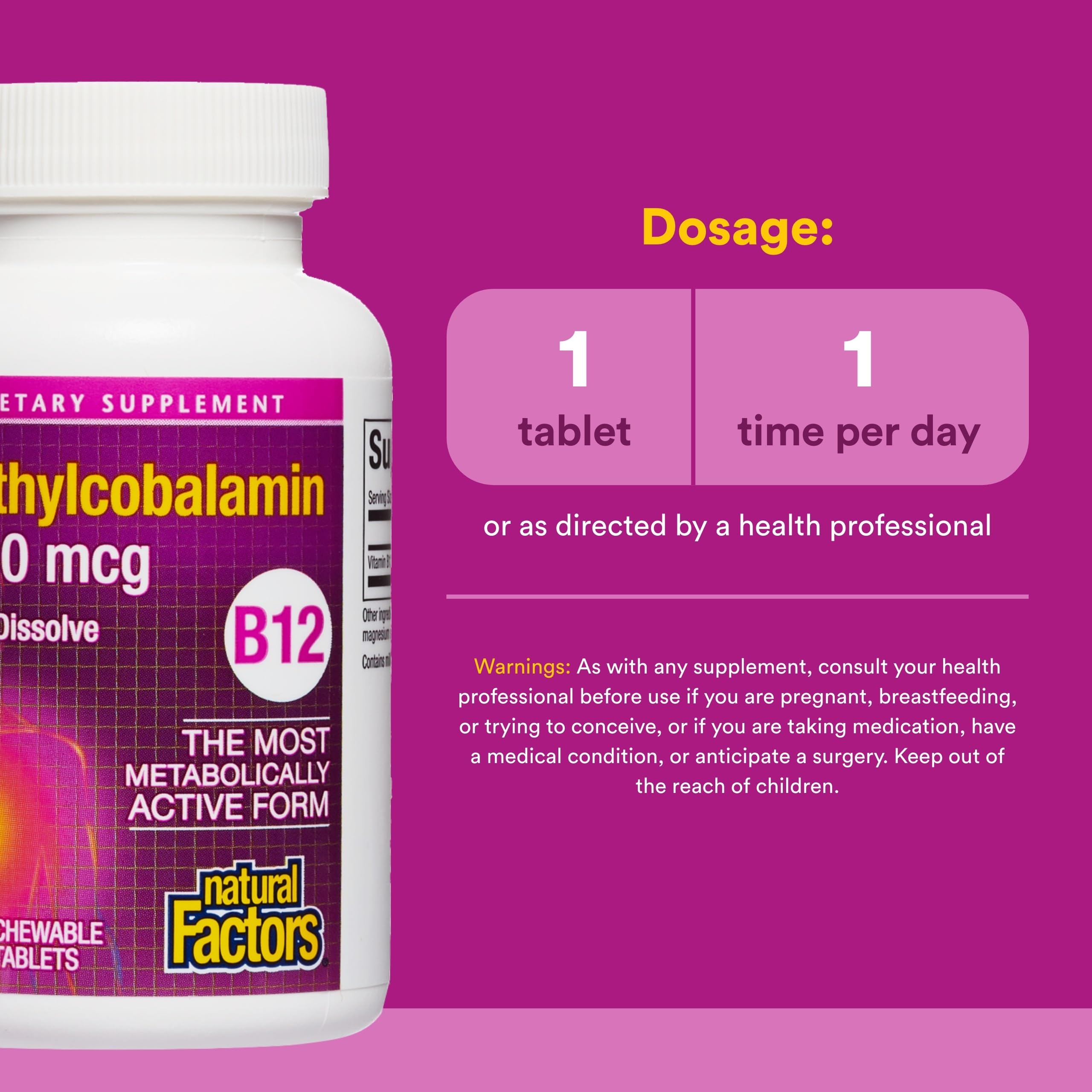 Natural Factors Methylcobalamine 1000 mcg, tablette en gros plan, texture agréable.