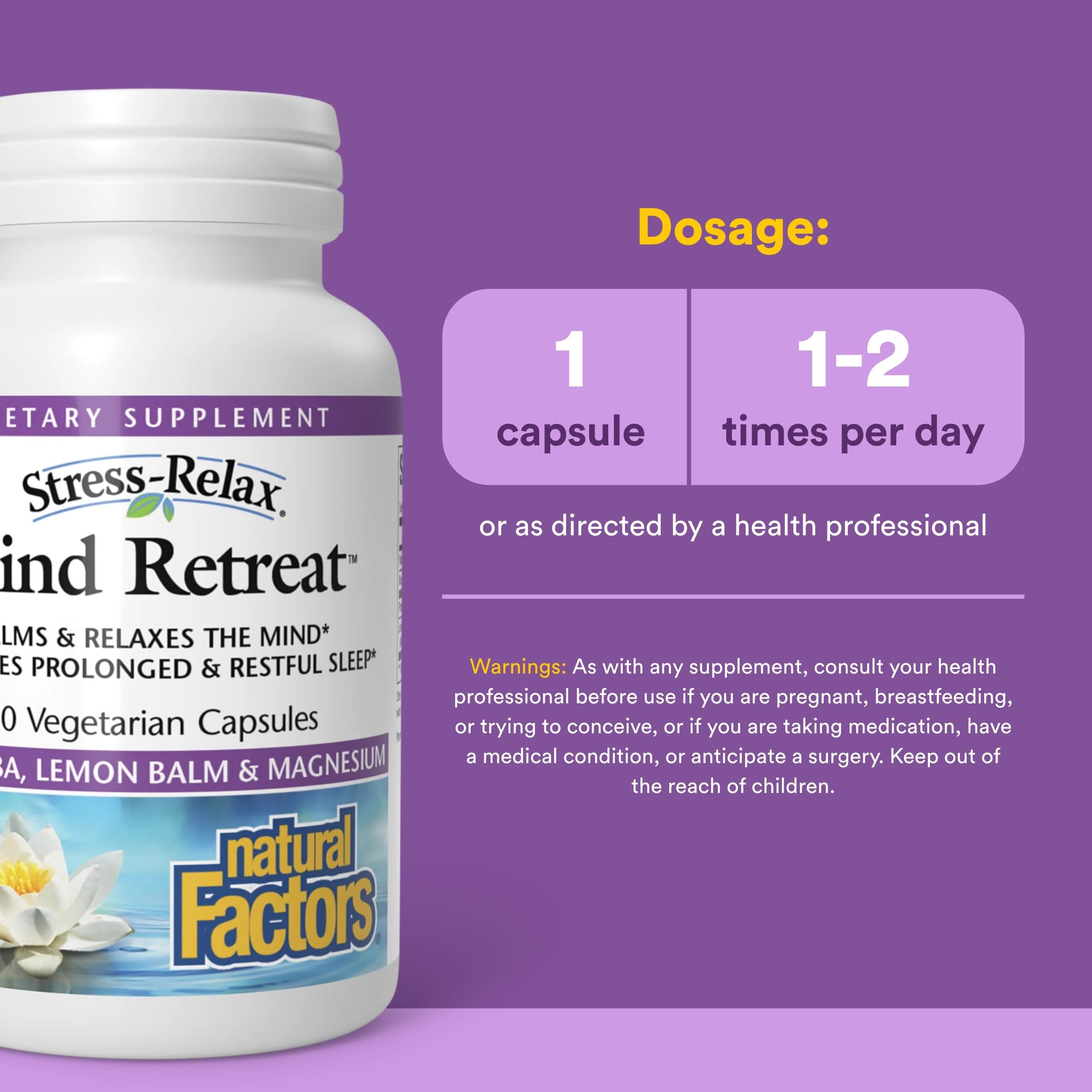 Natural Factors Mind Retreat ingrédients : GABA, magnésium et mélisse pour le bien-être.