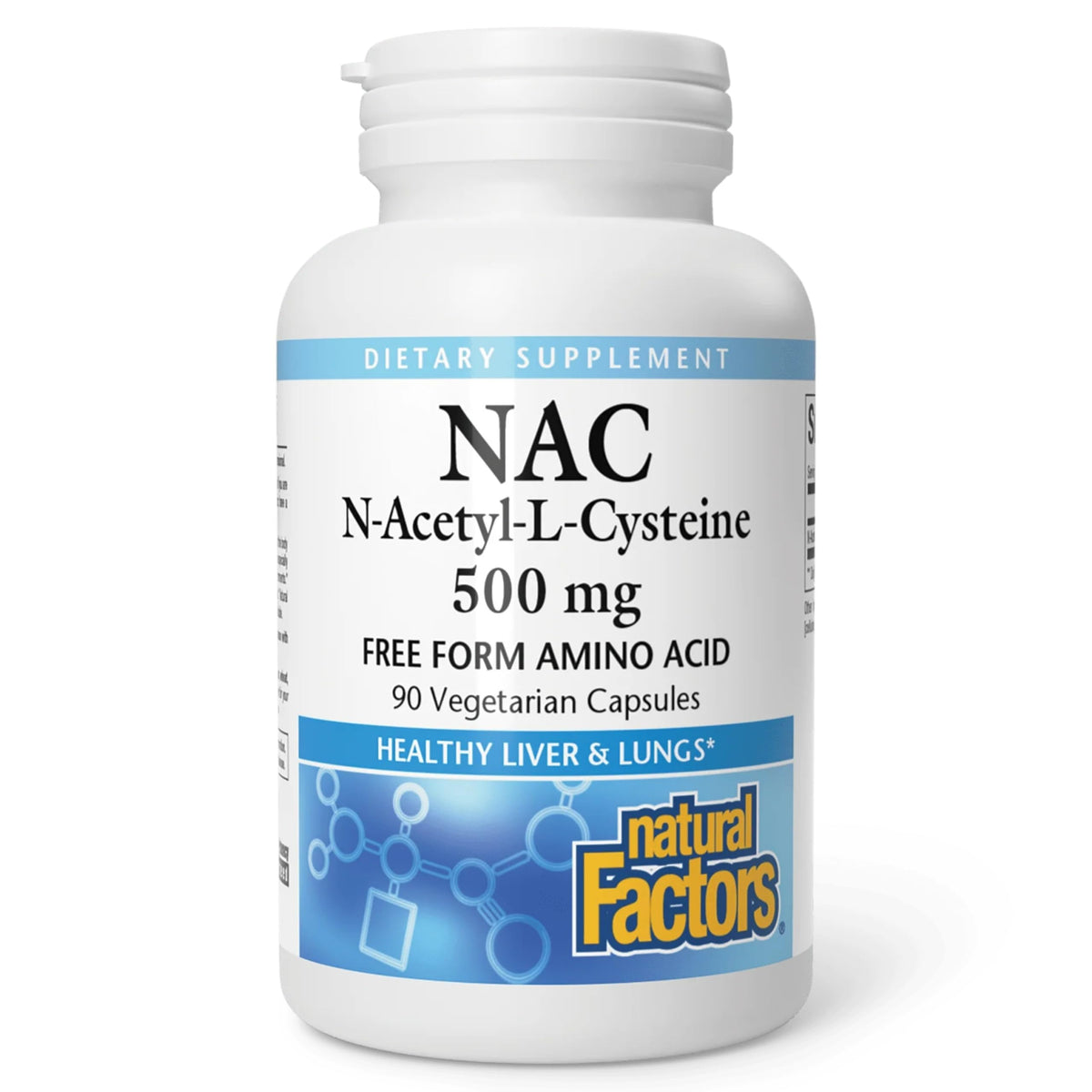 Natural Factors NAC 500 mg, flacon et capsules, soutien immunitaire potentiel.