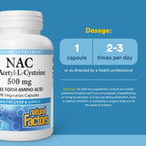 Capsules NAC 500 mg Natural Factors scellées, dosages pratiques.