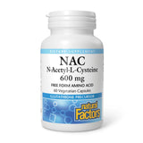 Natural Factors N-Acetyl-L-Cysteine 600 mg — bouteille visible, soutien possible du foie et des poumons.