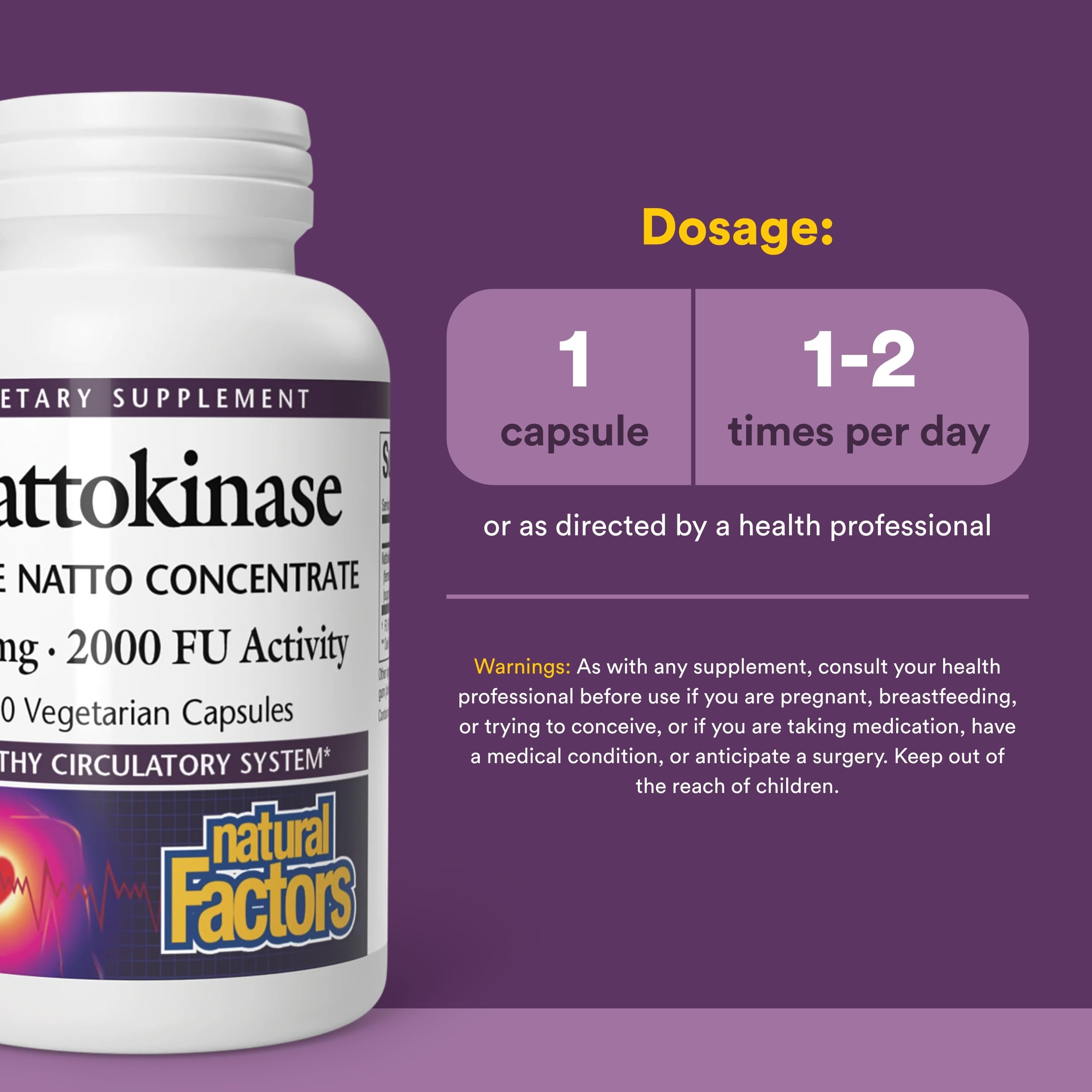 Natural Factors Nattokinase 100 mg, etiquette-produit, concentration stable.
