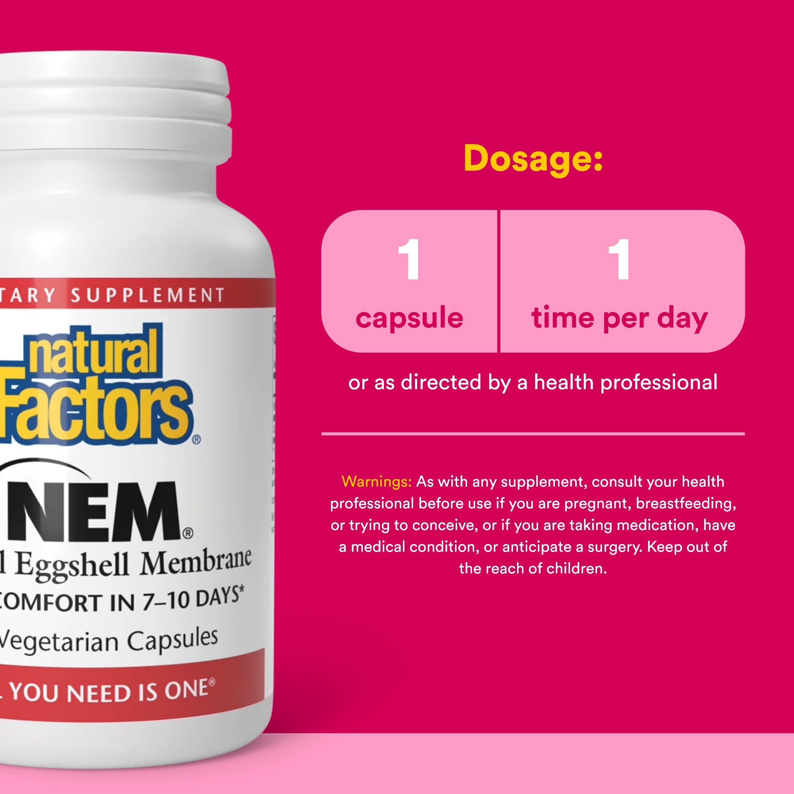 Étiquette Natural Factors NEM, informations claires sur les ingrédients et bienfaits.