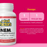 Étiquette Natural Factors NEM, informations claires sur les ingrédients et bienfaits.