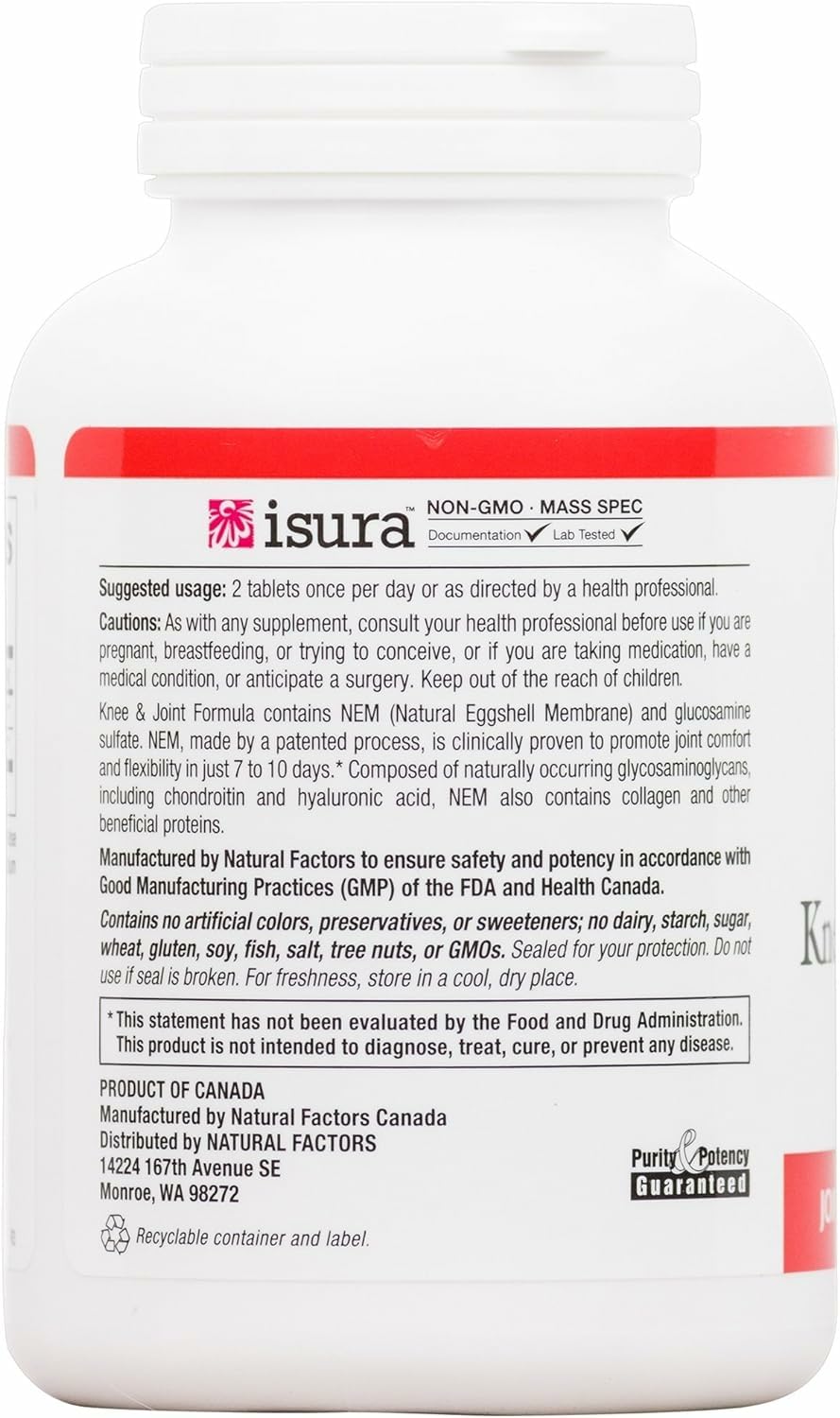 Natural Factors NEM Knee & Joint, utilisation quotidienne: capsule unique pour simplicité.