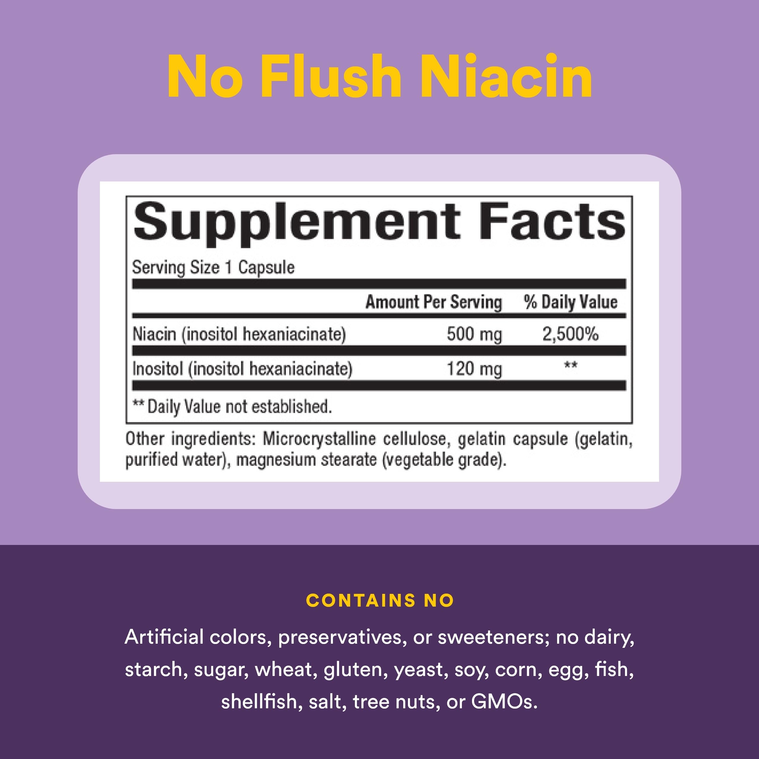 Natural Factors No Flush Niacin 500 mg : etiquette lisible avec informations essentielles.