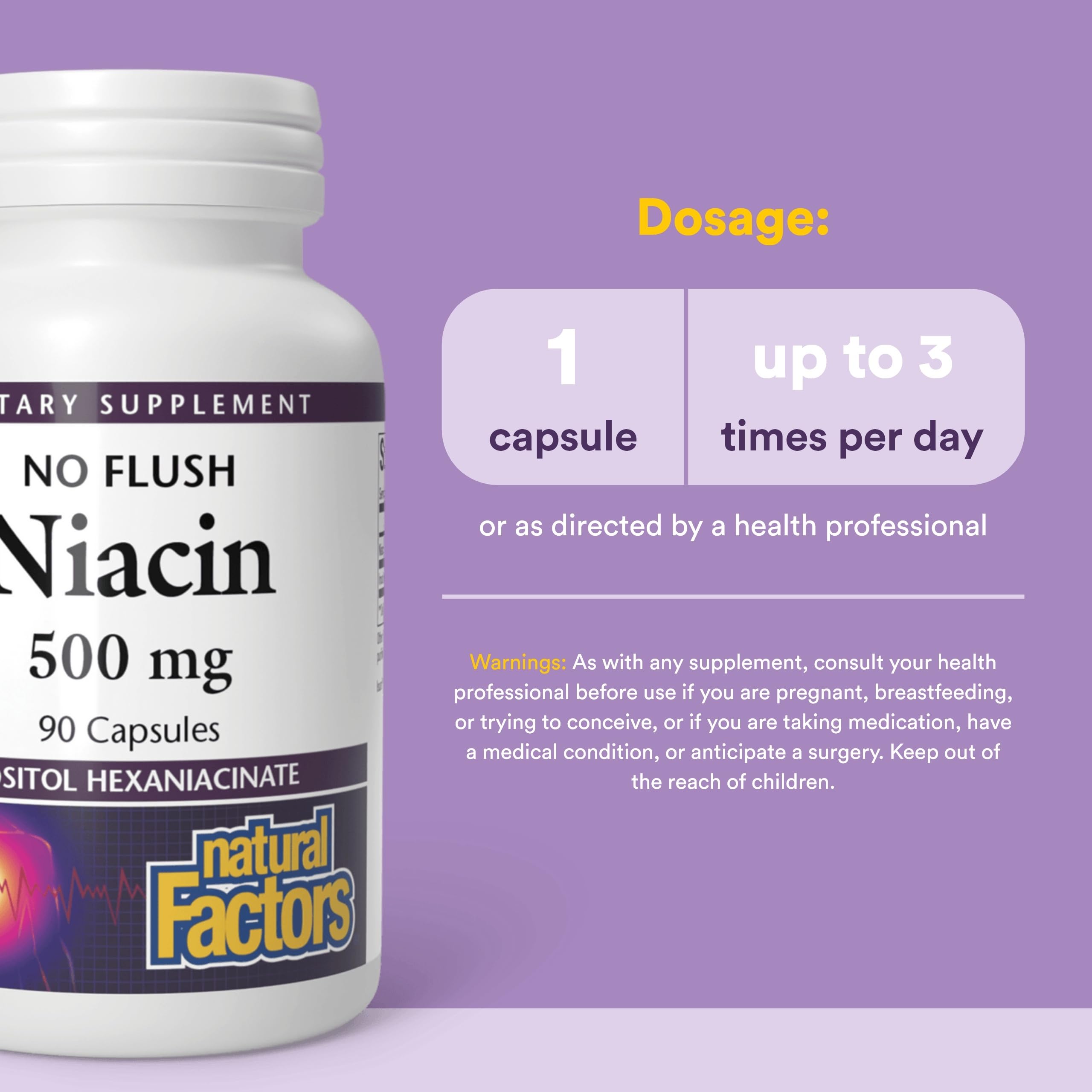 Natural Factors No Flush Niacin 500 mg : étui d’emballage clair pour un dosage fiable.