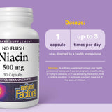 Natural Factors No Flush Niacin 500 mg : étui d’emballage clair pour un dosage fiable.