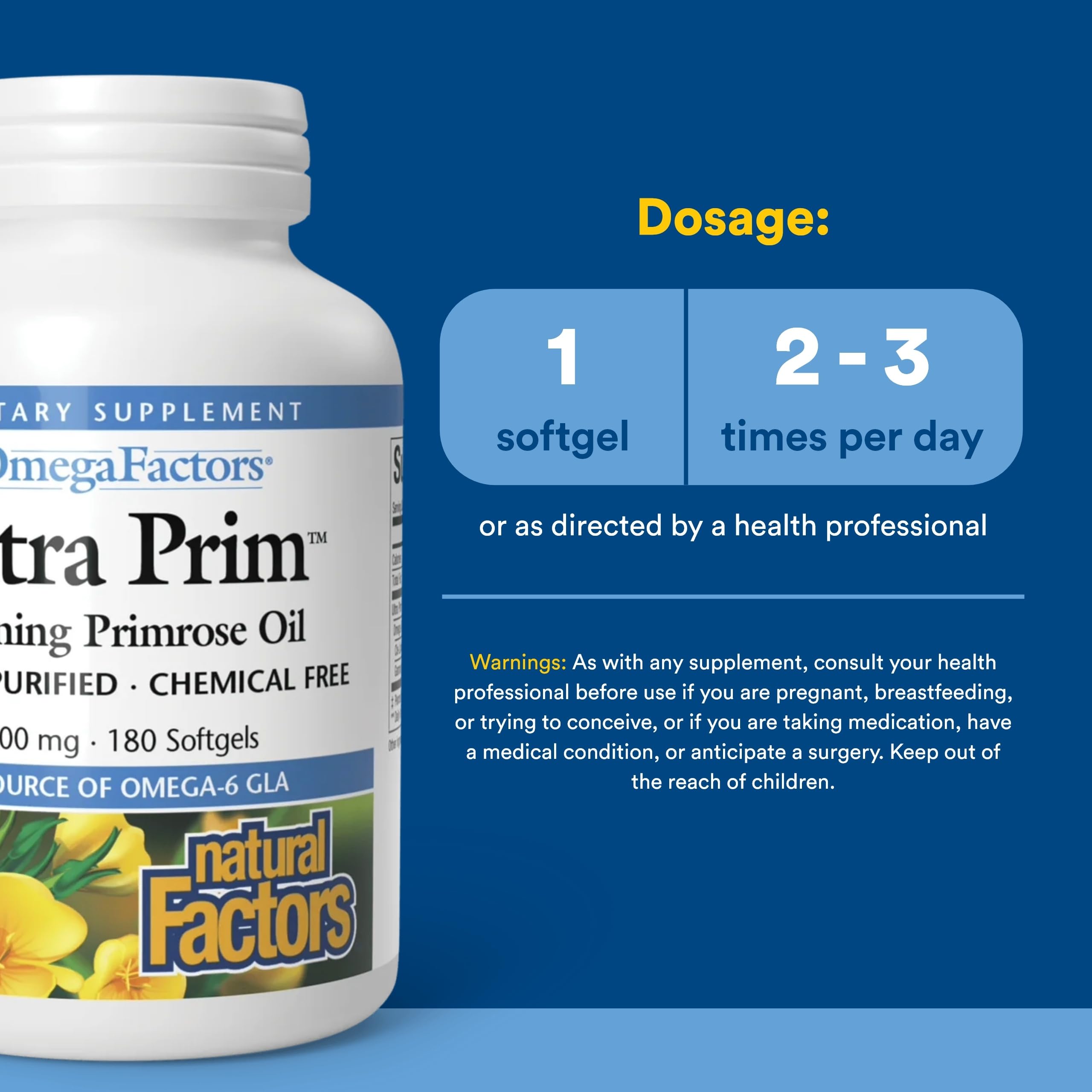 Natural Factors Omega Factors Ultra Prim — étiquette montrant certification ISURA pour pureté.