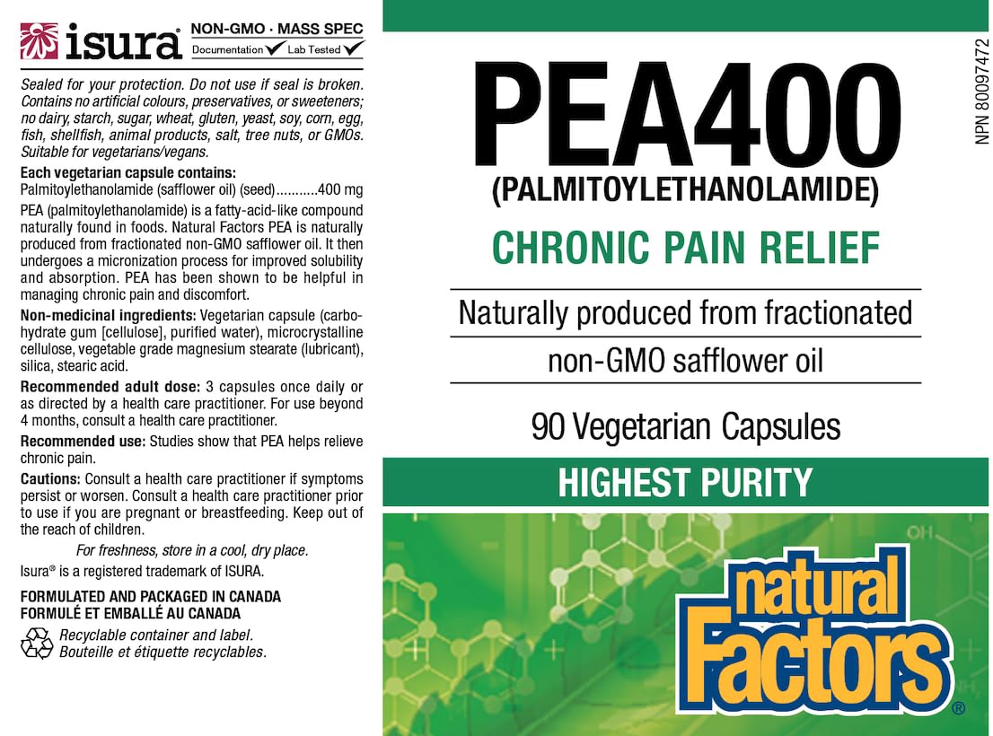 Natural Factors PEA400: composition naturelle et pure pour la traçabilité.