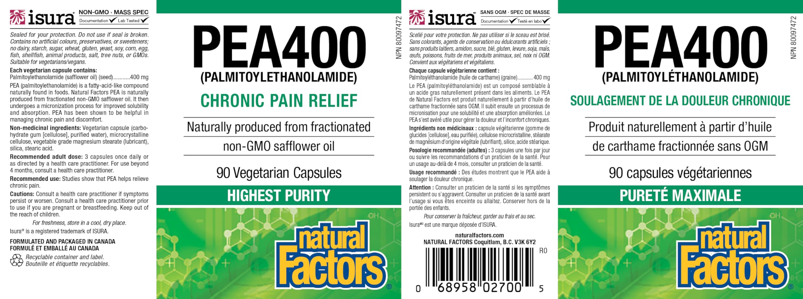 Natural Factors PEA400: contrôles qualité et absence d'OGM assurés.