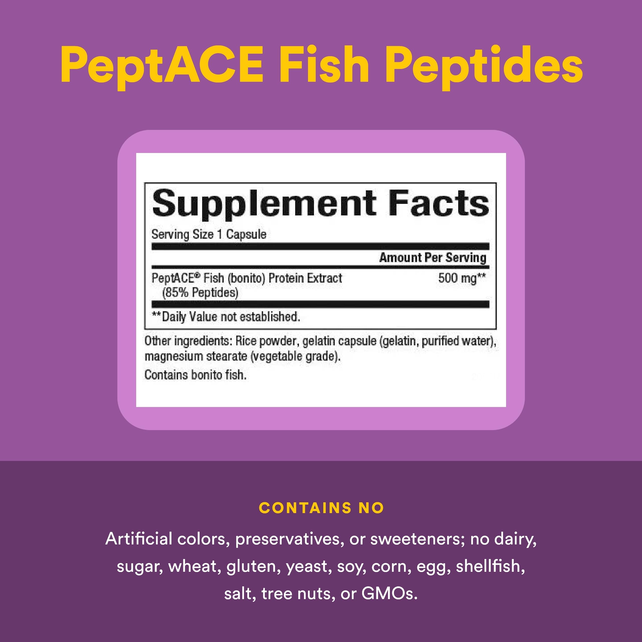 Natural Factors PEPTACE® – emballage avec informations de tests indépendants et certification.