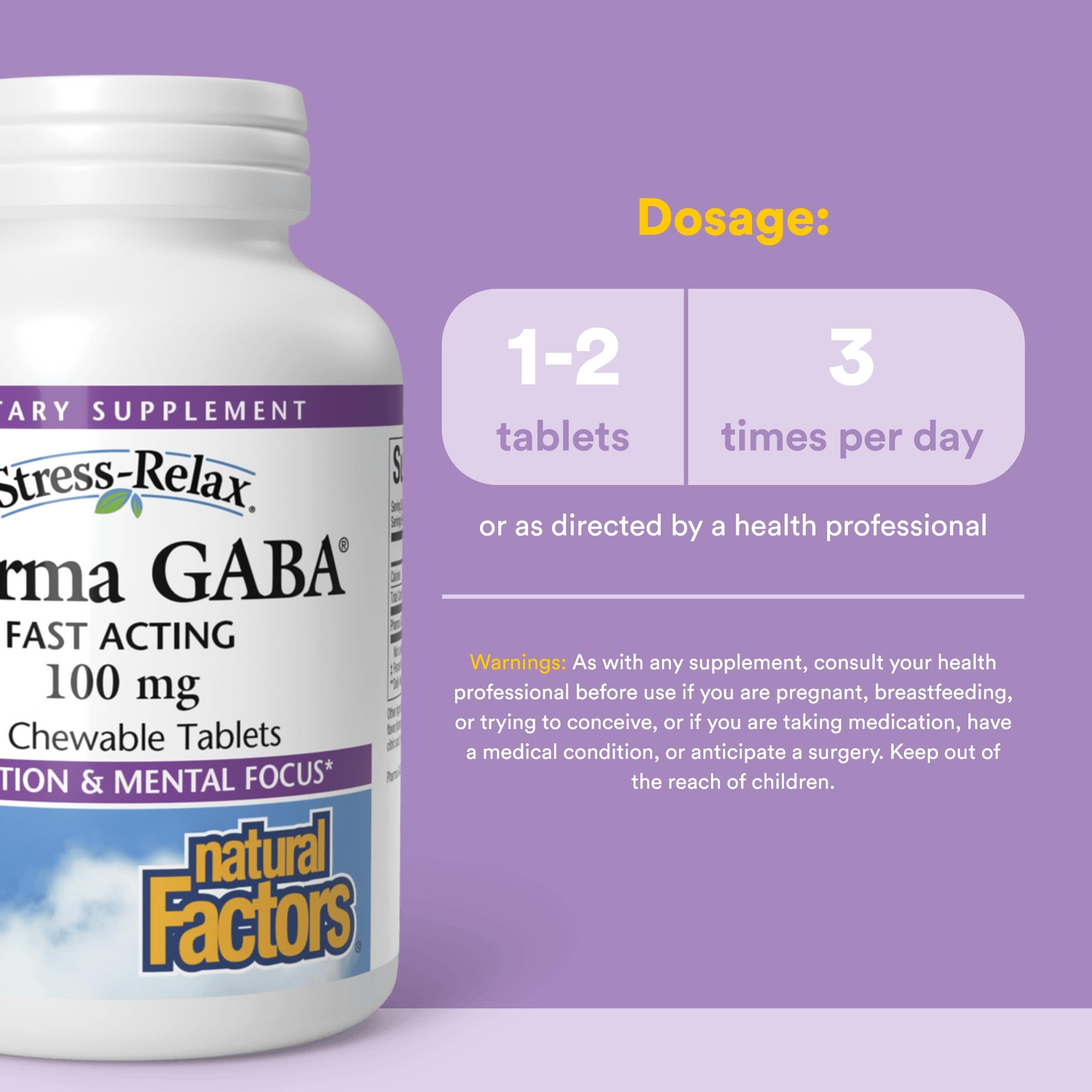 Natural Factors Pharma GABA tablettes à mâcher absorption rapide pour soutenir concentration et bien-être mental