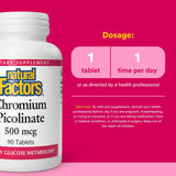 Natural Factors picolinate de chrome, étiquette claire facilitant la lecture des informations.