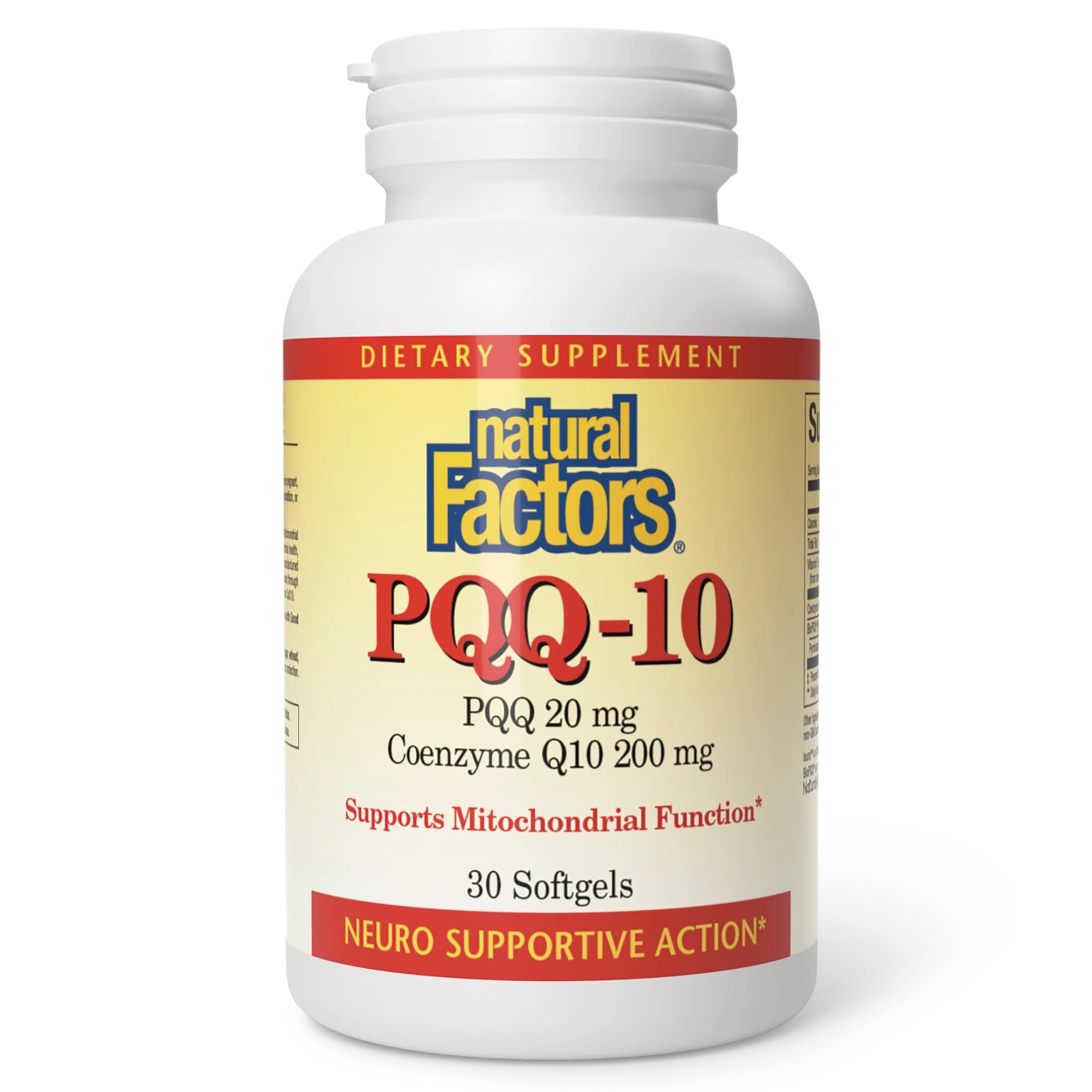 Natural Factors PQQ-10: bouteille de capsules molles montrant l'emballage.