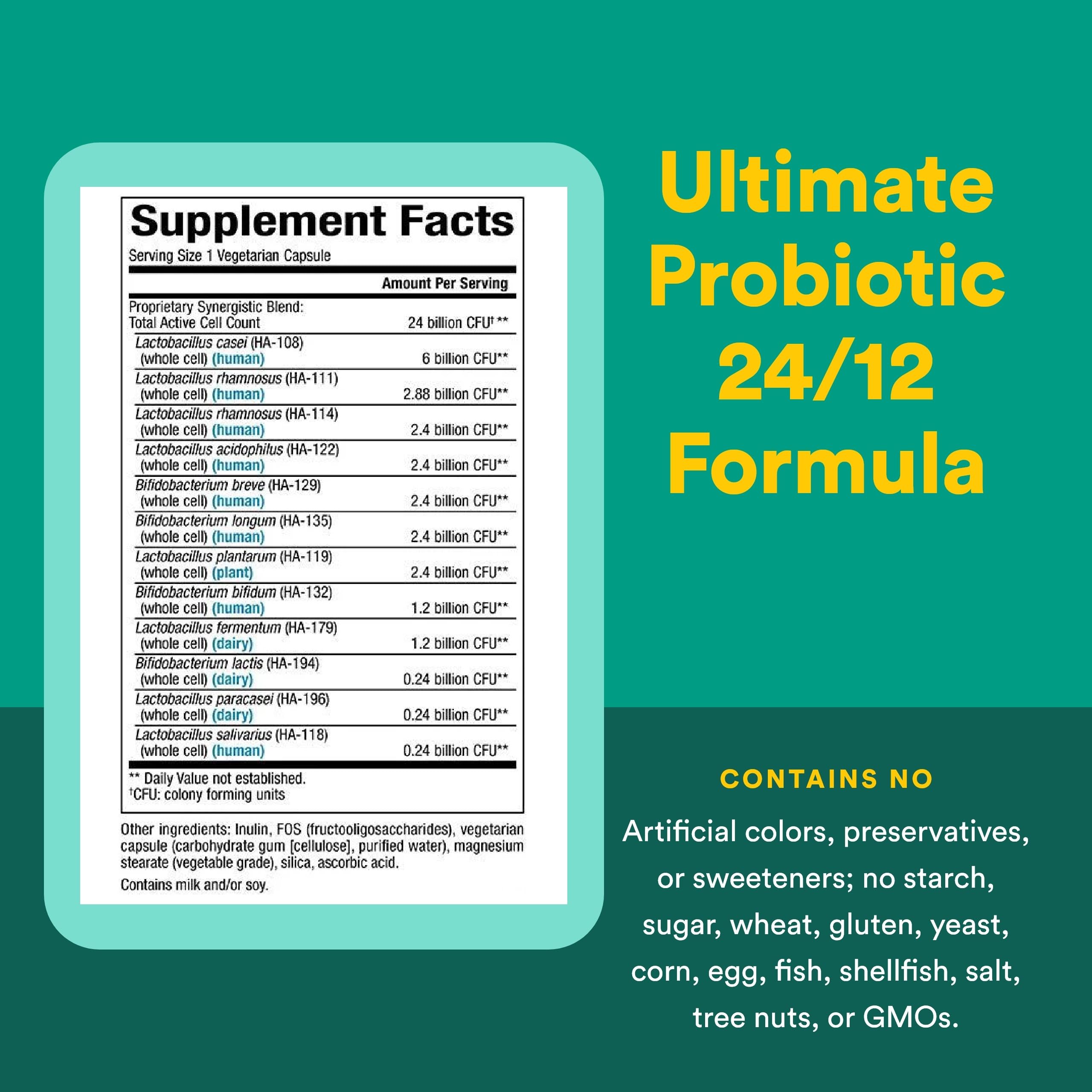 Natural Factors Probiotique Ultime 24/12 – tableau nutritionnel détaillant les probiotiques inclus.